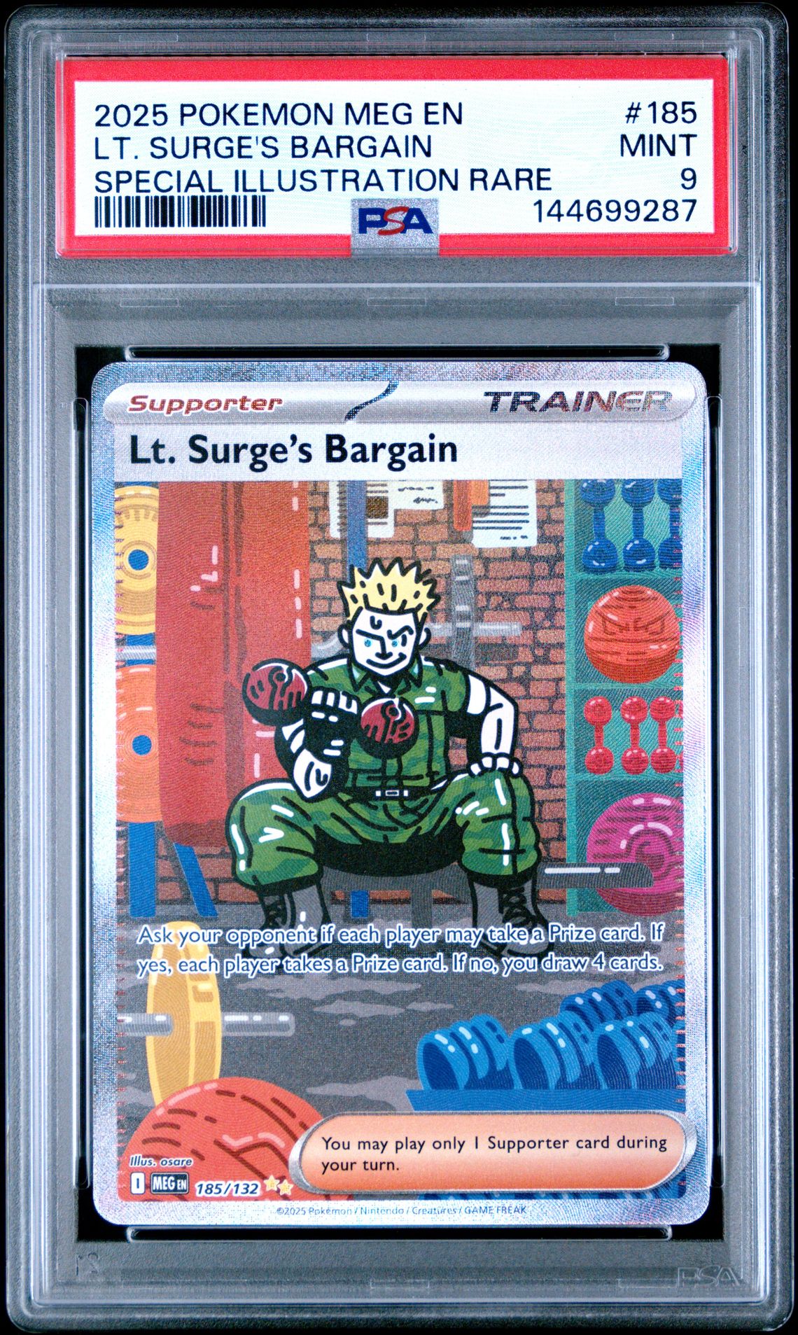 2025 Pokemon Meg En-Mega Evolution Lt. Surge's Bargain #185 (Special Illustration Rare) Mint 9 front