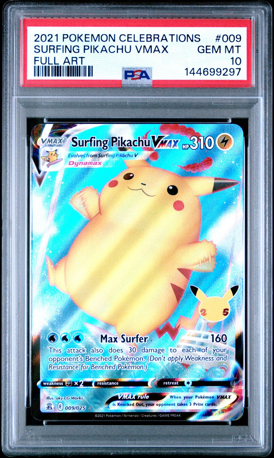 2021 Pokemon Celebrations Surfing Pikachu Vmax #009 (Full Art) Gem Mt 10 front