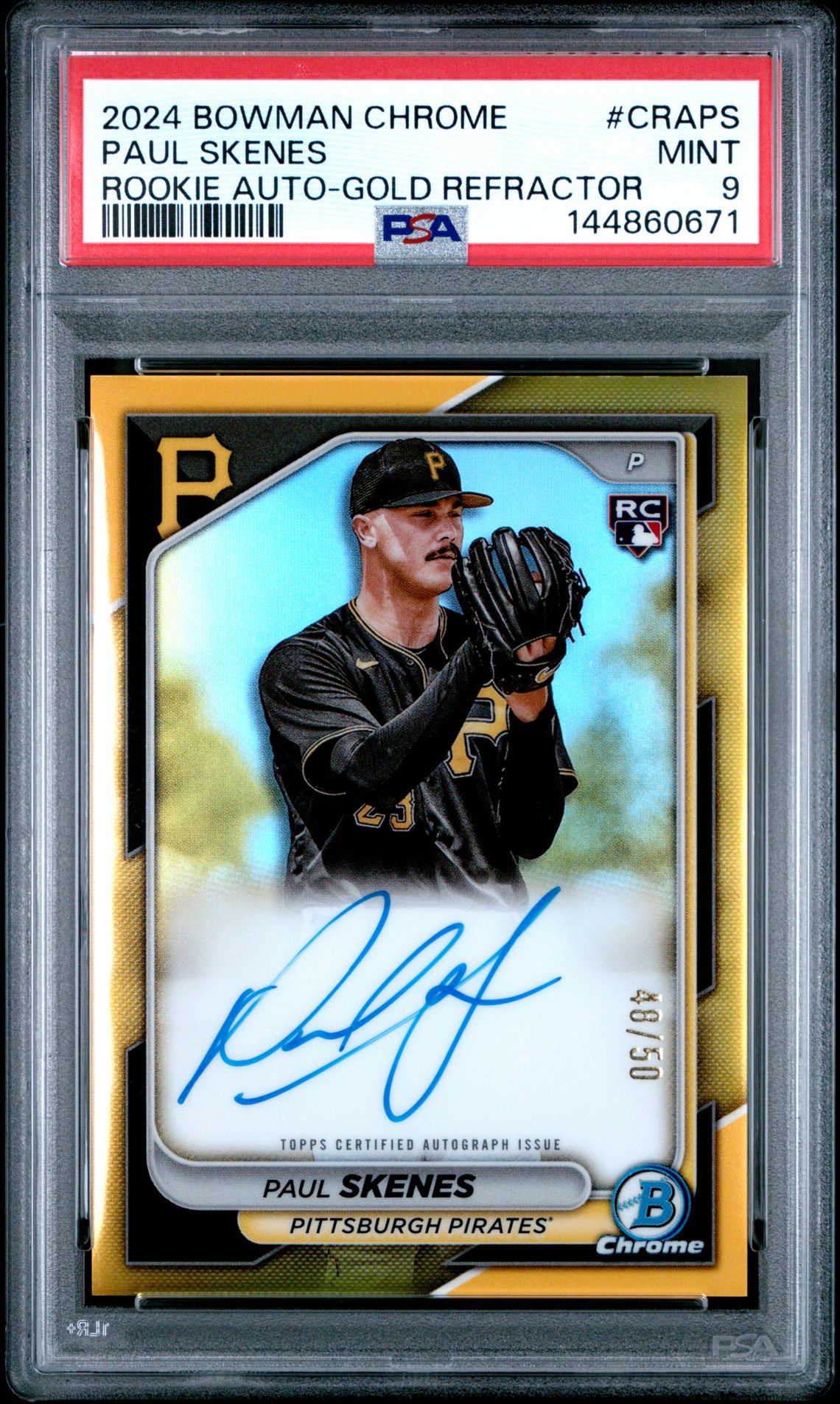 2024 Bowman Chrome Chrome Rookie Autographs Paul Skenes #Craps (Rookie Auto-Gold Refractor) Mint 9 front