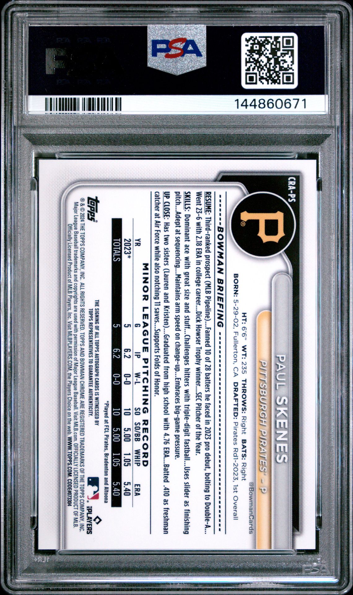 2024 Bowman Chrome Chrome Rookie Autographs Paul Skenes #Craps (Rookie Auto-Gold Refractor) Mint 9 back