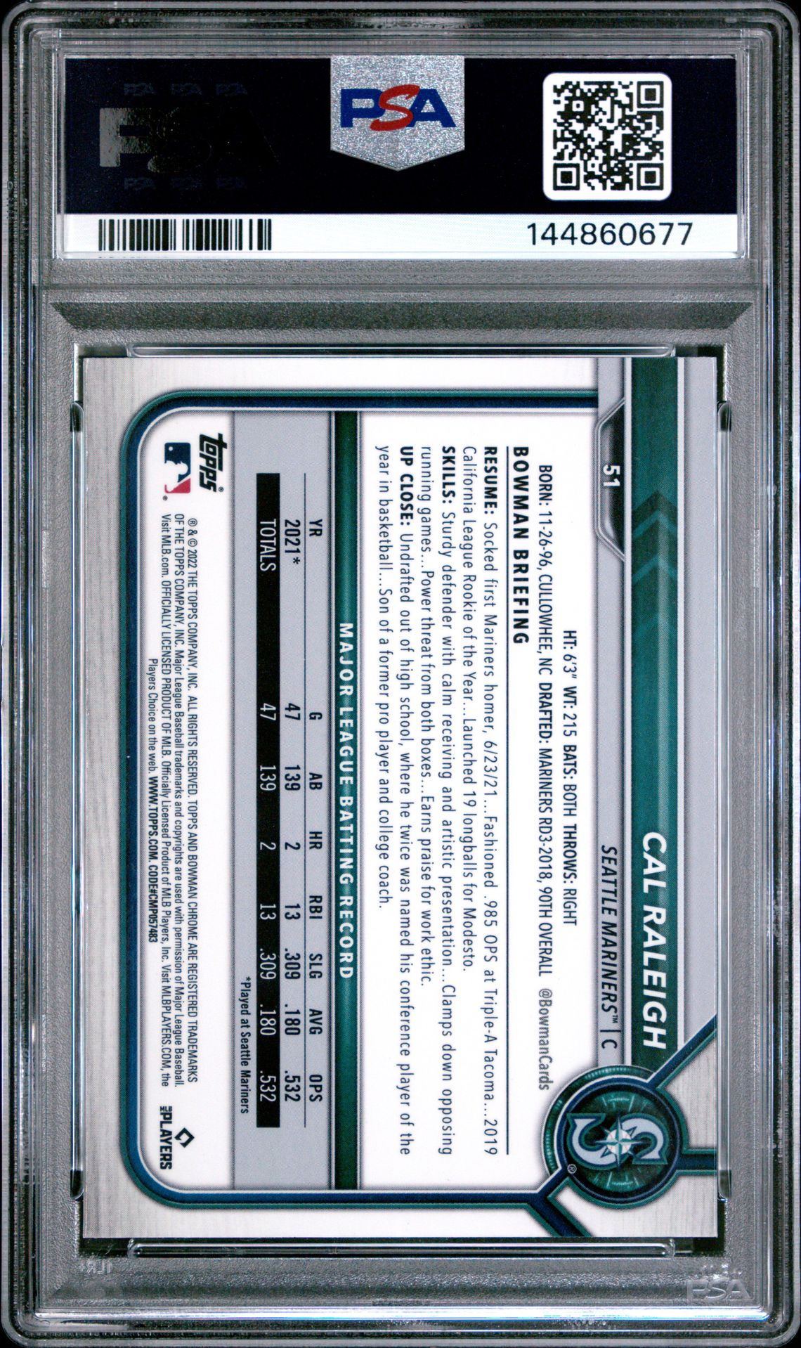 2022 Bowman Chrome Sapphire Edition Cal Raleigh #51 Gem Mt 10 back