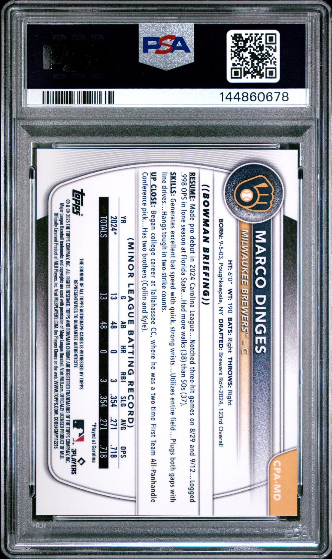 2025 Bowman Chrome Prospect Autographs Marco Dinges #Cpamd (Chrome Pros Au-Purple Ref) Gem Mt 10 back