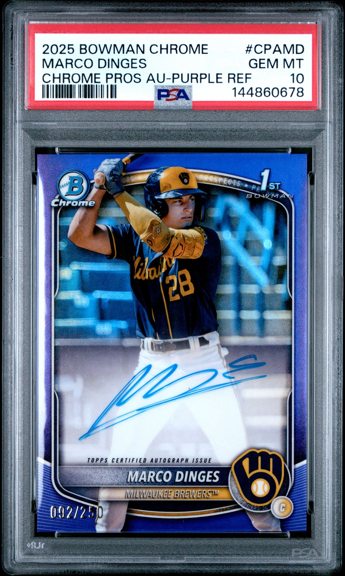 2025 Bowman Chrome Prospect Autographs Marco Dinges #Cpamd (Chrome Pros Au-Purple Ref) Gem Mt 10 front