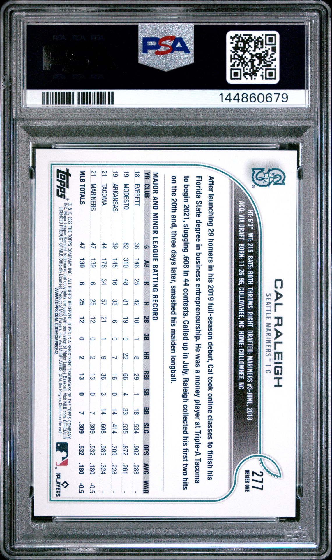 2022 Topps Cal Raleigh #277 Gem Mt 10 back