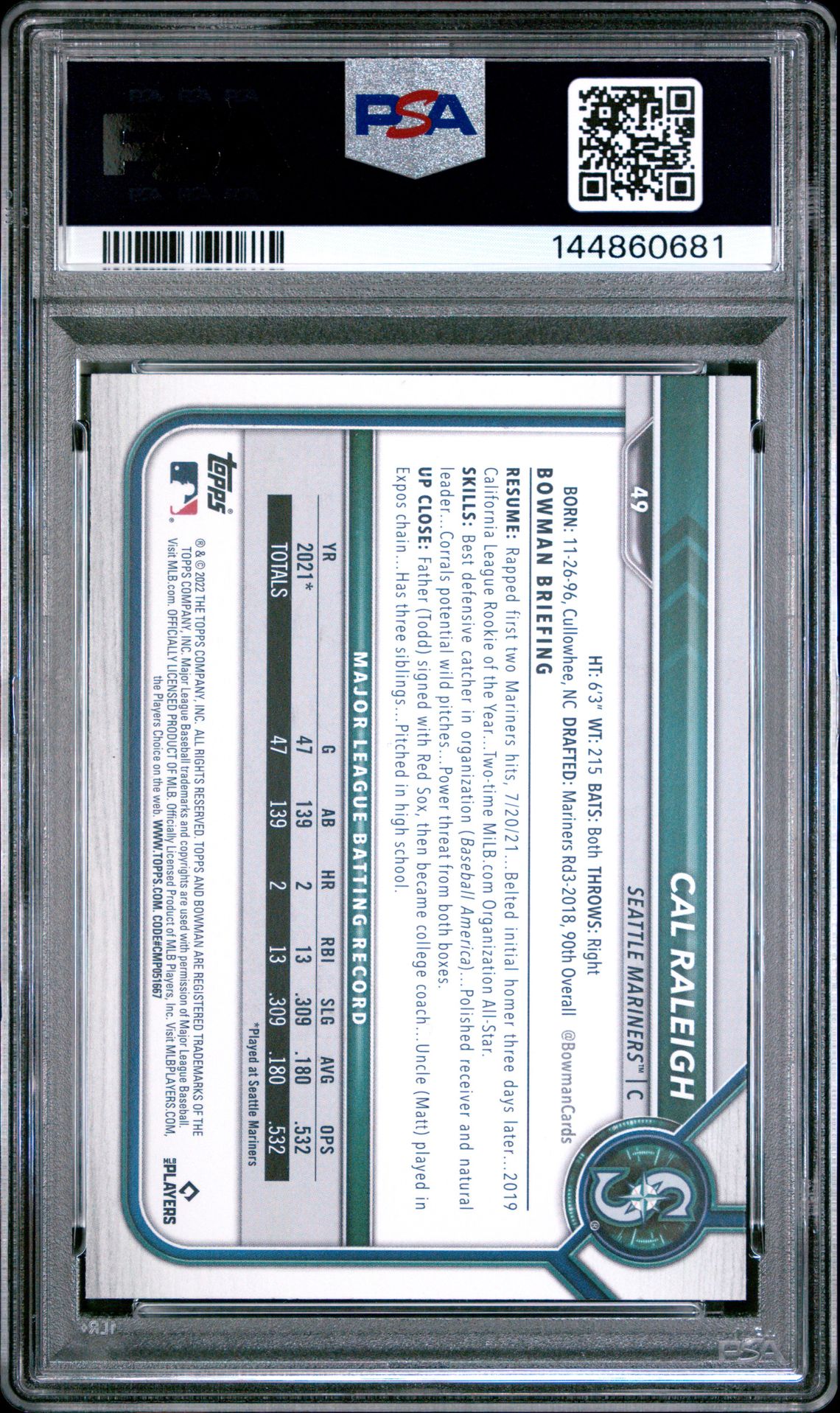 2022 Bowman Cal Raleigh #49 Gem Mt 10 back