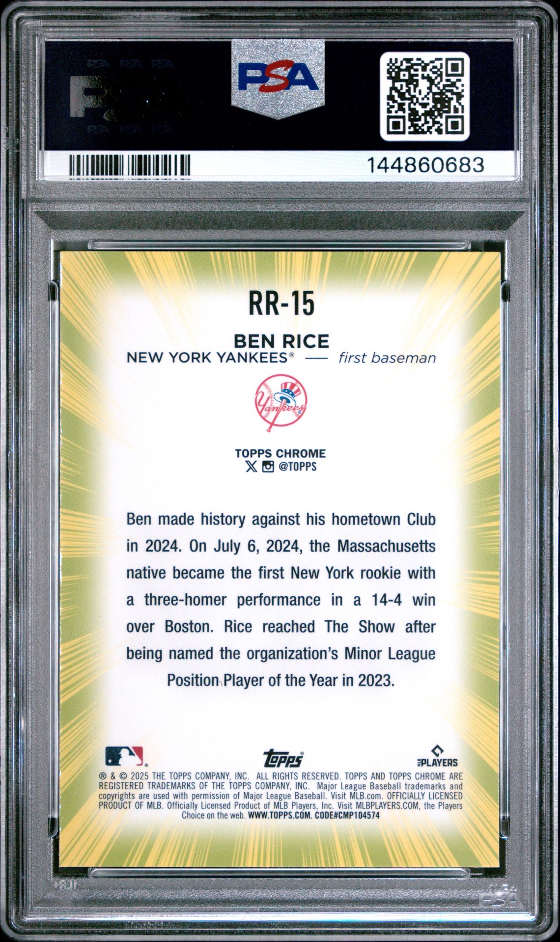 2025 Topps Chrome Radiating Rookies Ben Rice #Rr15 Mint 9 back