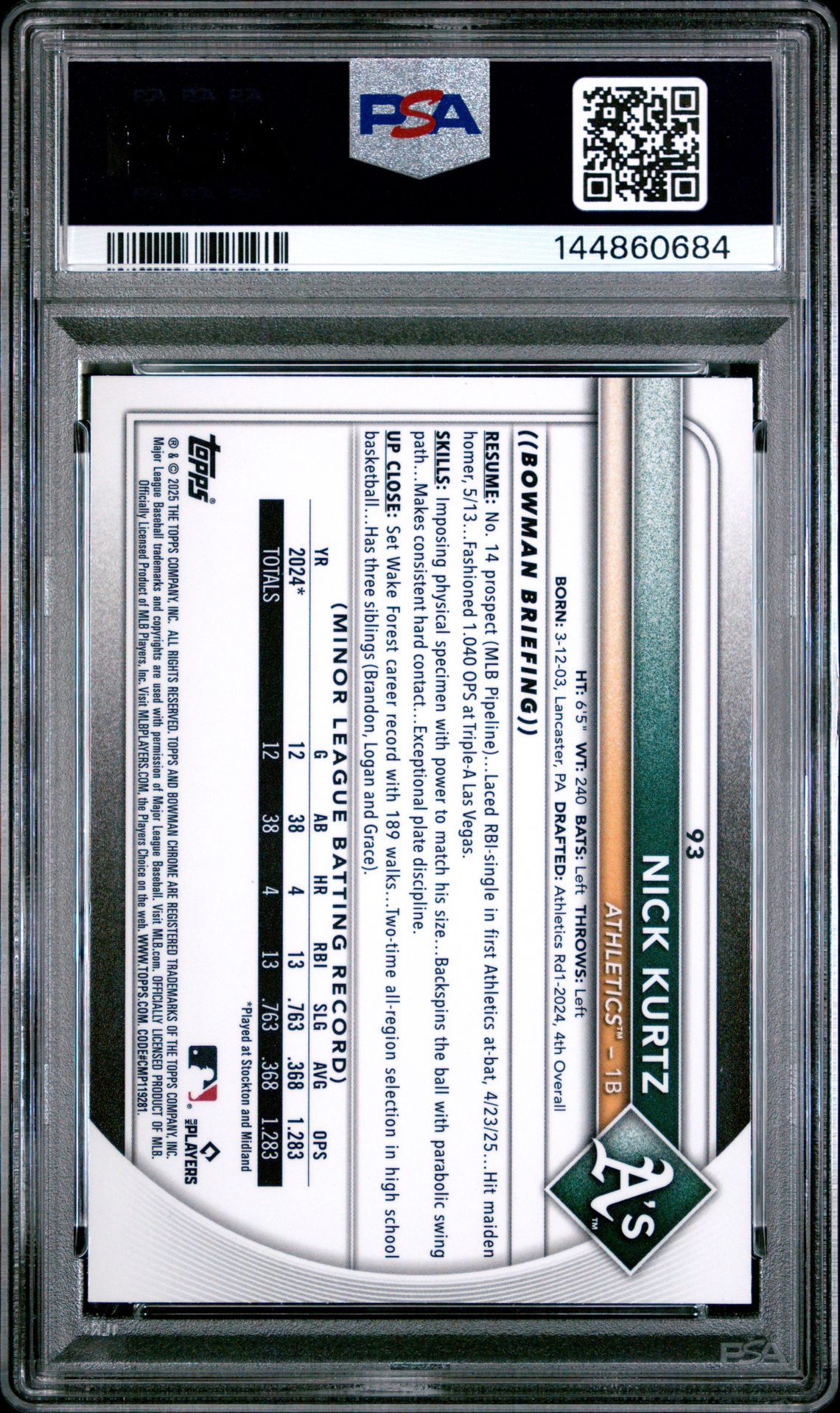 2025 Bowman Chrome Nick Kurtz #93 (Red Rookie Redemption) Gem Mt 10 back