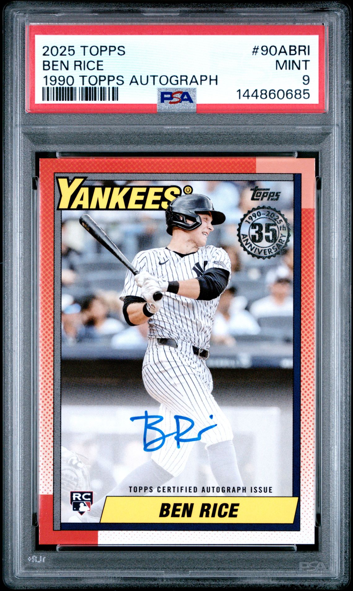 2025 Topps 1990 Topps Baseball Autographs Ben Rice #90Abri Mint 9 front