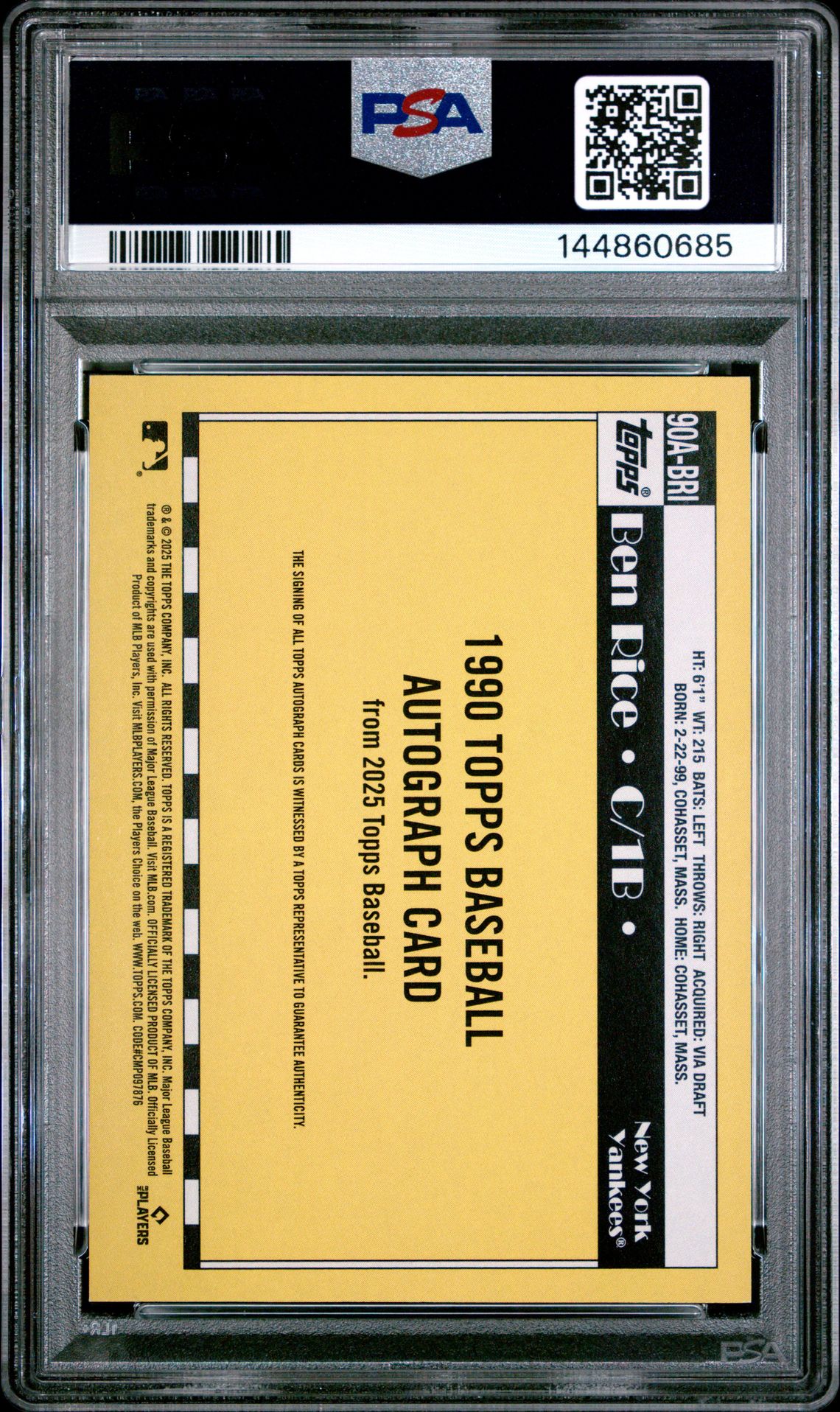 2025 Topps 1990 Topps Baseball Autographs Ben Rice #90Abri Mint 9 back