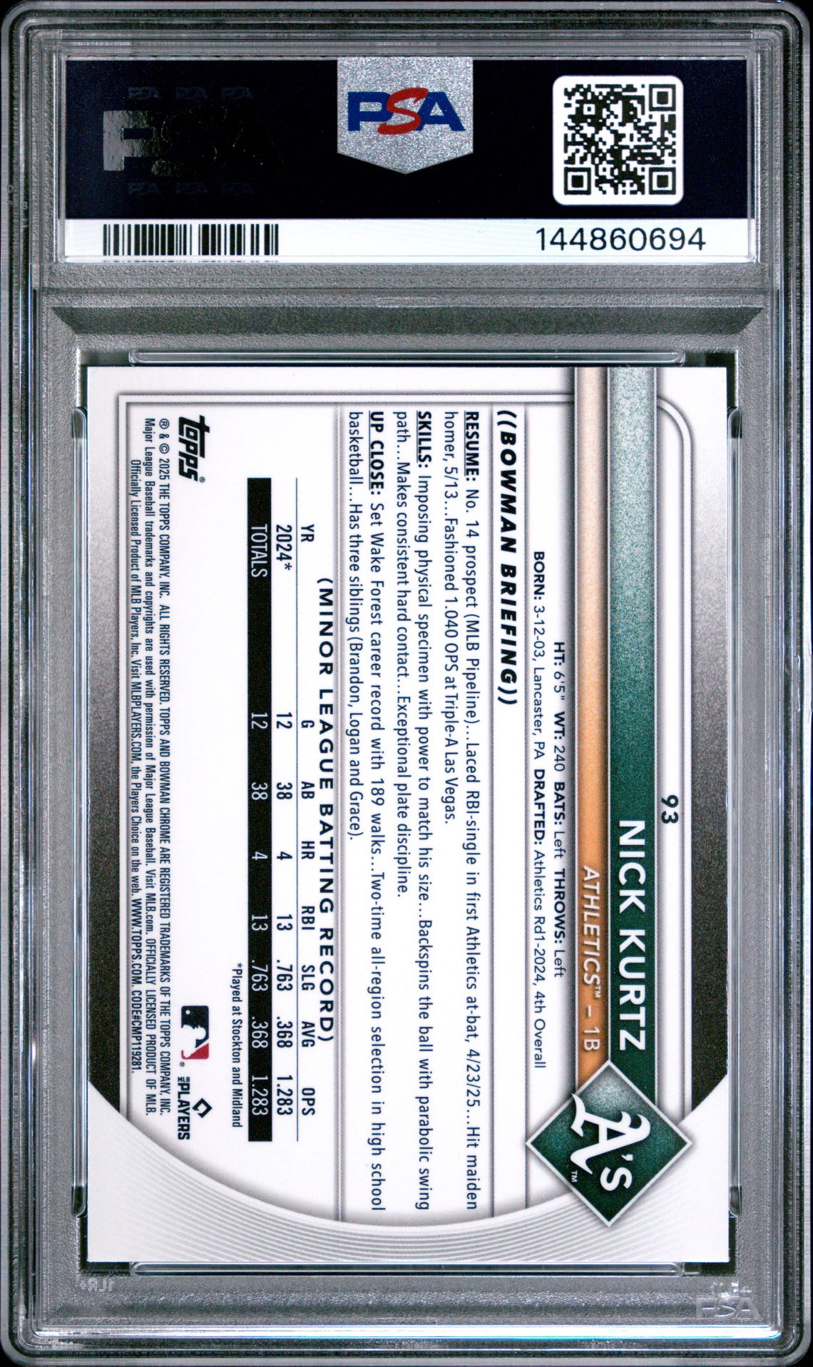 2025 Bowman Chrome Nick Kurtz #93 (Red Rookie Redemption) Gem Mt 10 back