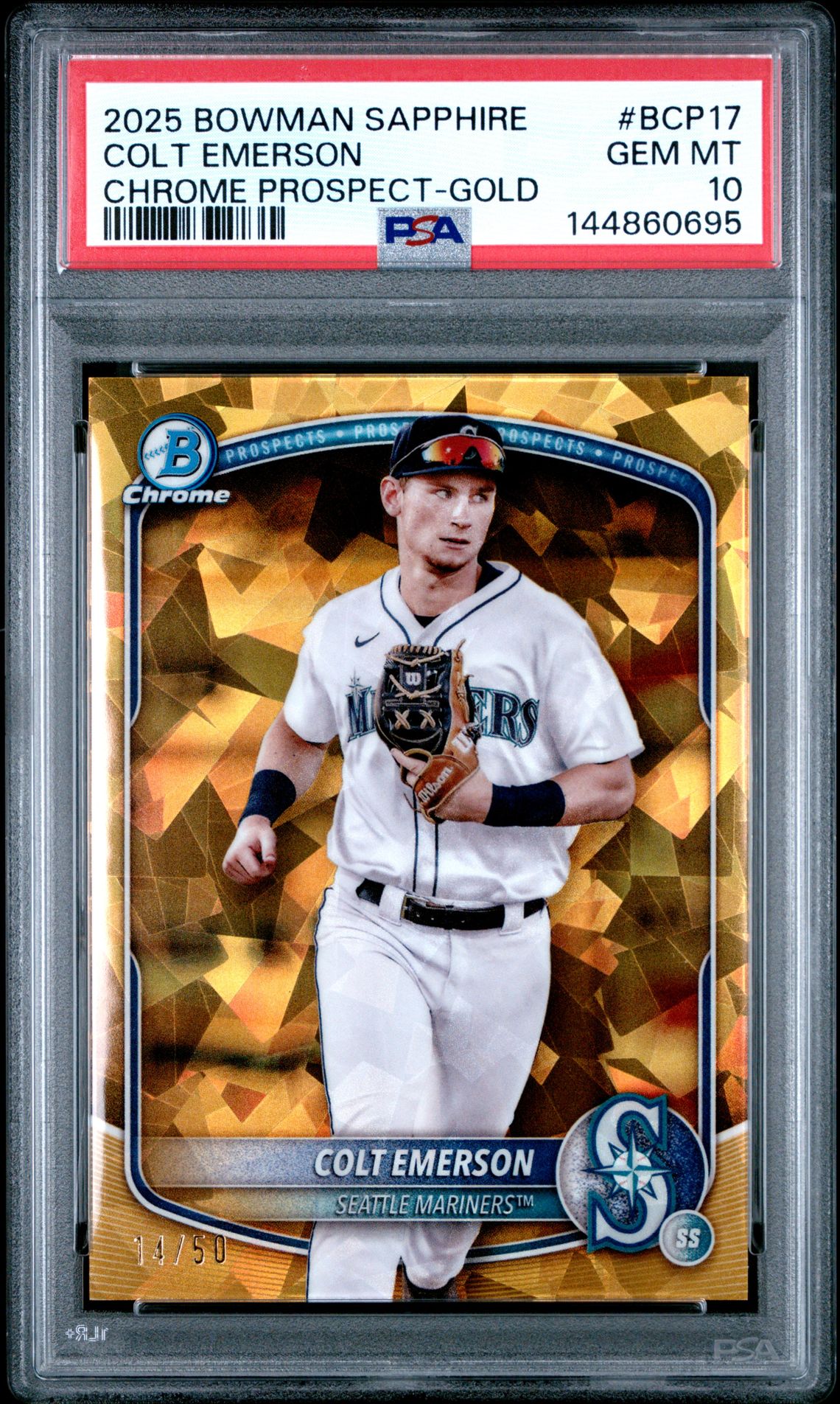 2025 Bowman Sapphire Edition Chrome Prospects Colt Emerson #Bcp17 (Chrome Prospect-Gold) Gem Mt 10 front