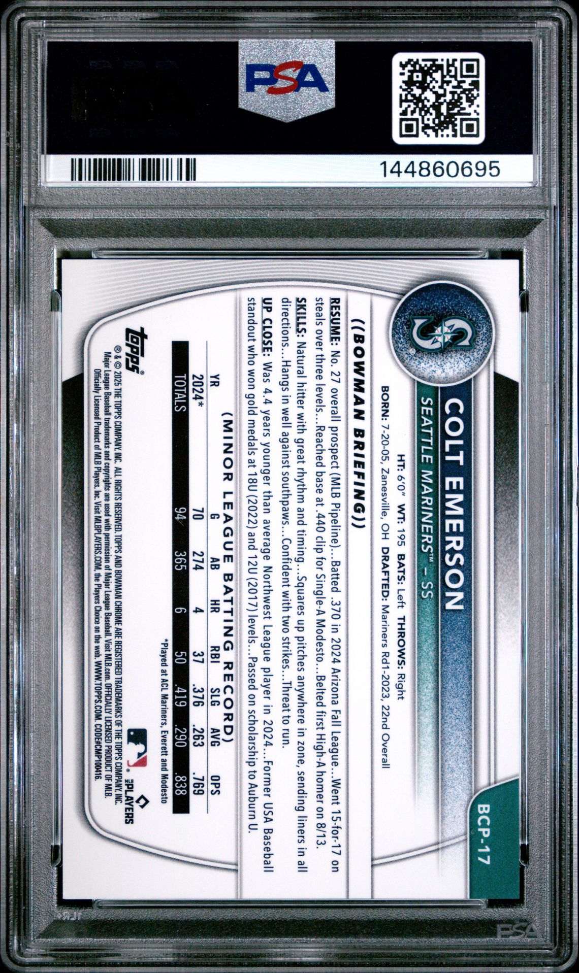 2025 Bowman Sapphire Edition Chrome Prospects Colt Emerson #Bcp17 (Chrome Prospect-Gold) Gem Mt 10 back