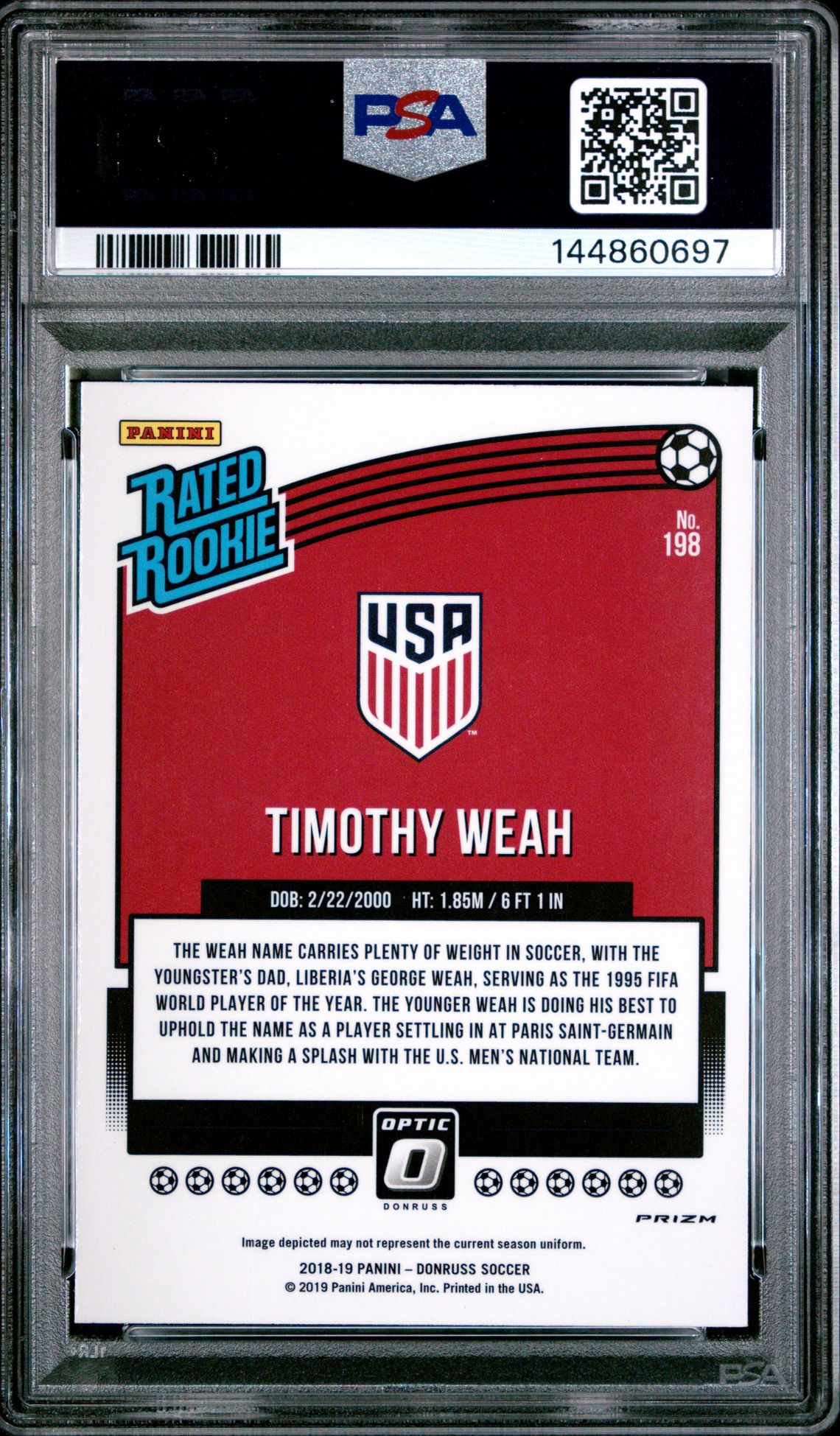 2018 Panini Donruss Timothy Weah #198 (Optic-Holo) Gem Mt 10 back
