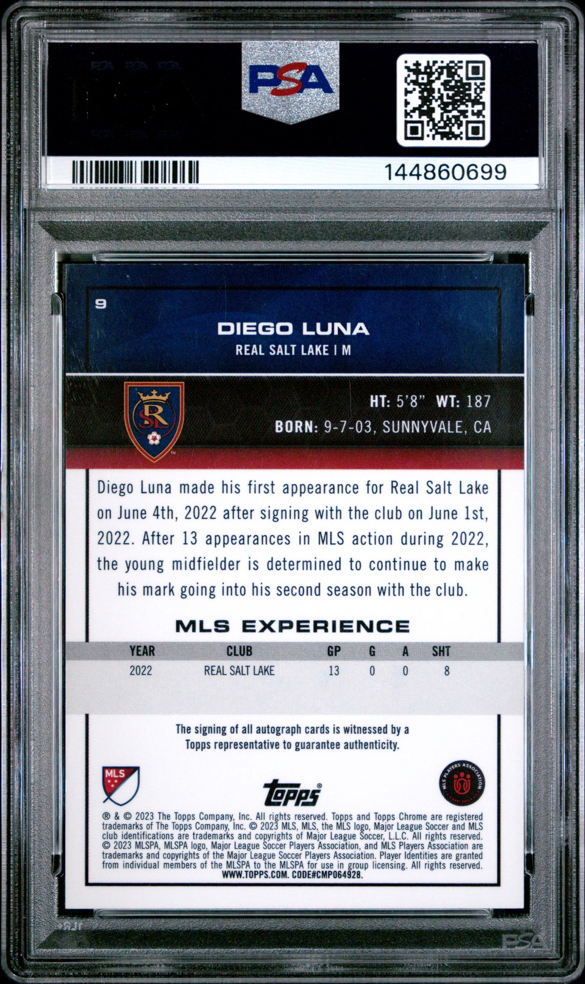 2023 Topps Chrome Mls Diego Luna #9 (Autograph-Gold Refractor) Mint 9 back