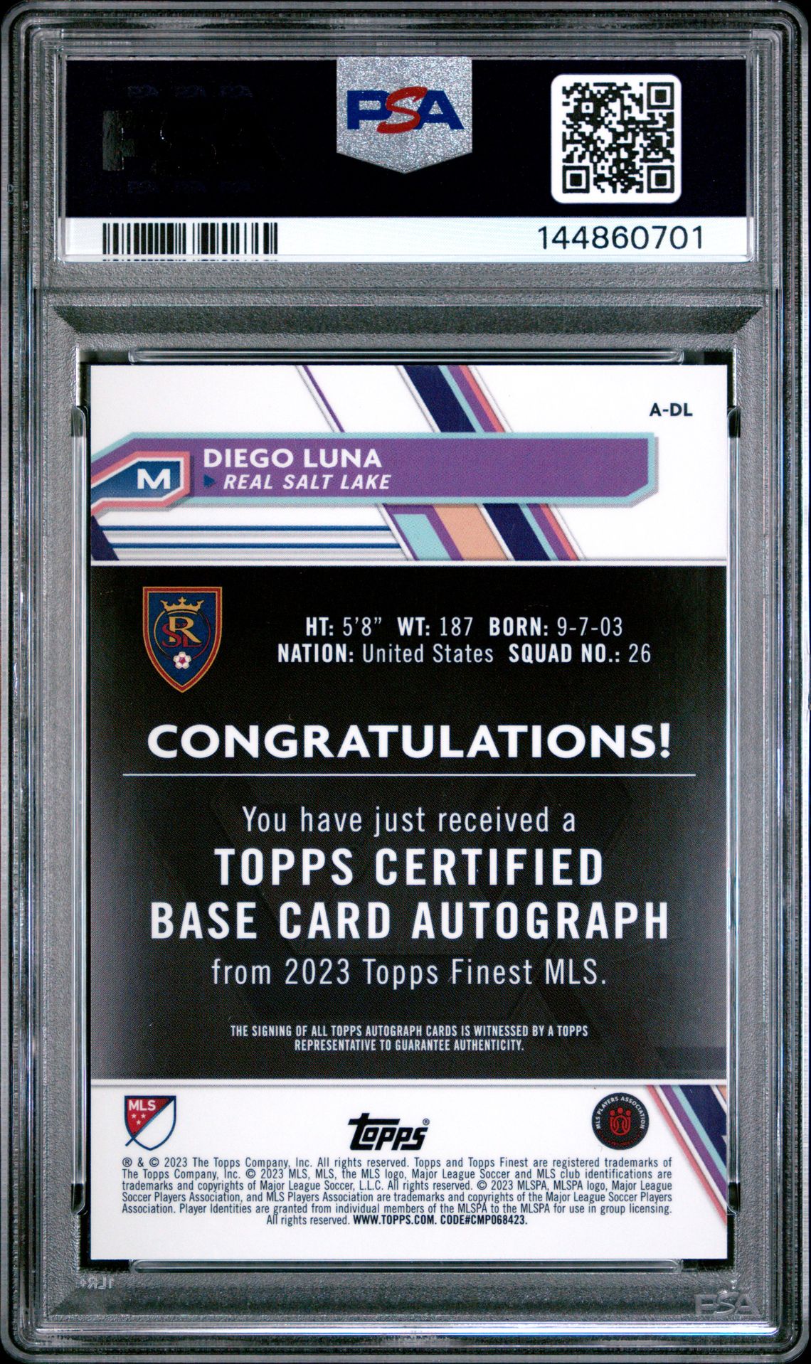 2023 Topps Finest Mls Autographs Diego Luna #Adl (Autograph-Gold Refractor) Gem Mt 10 back