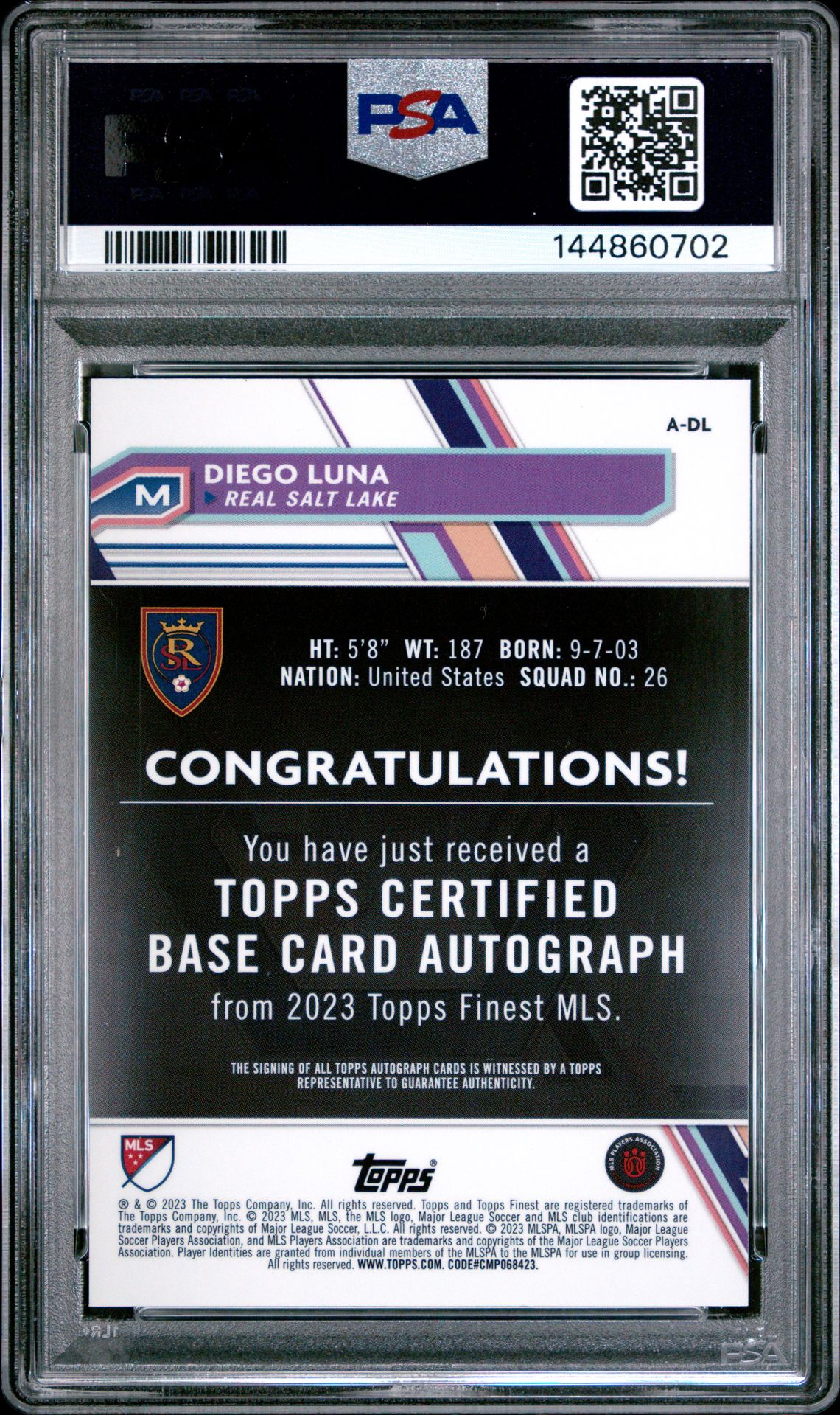 2023 Topps Finest Mls Autographs Diego Luna #Adl (Autograph-Orange Ref) Gem Mt 10 back