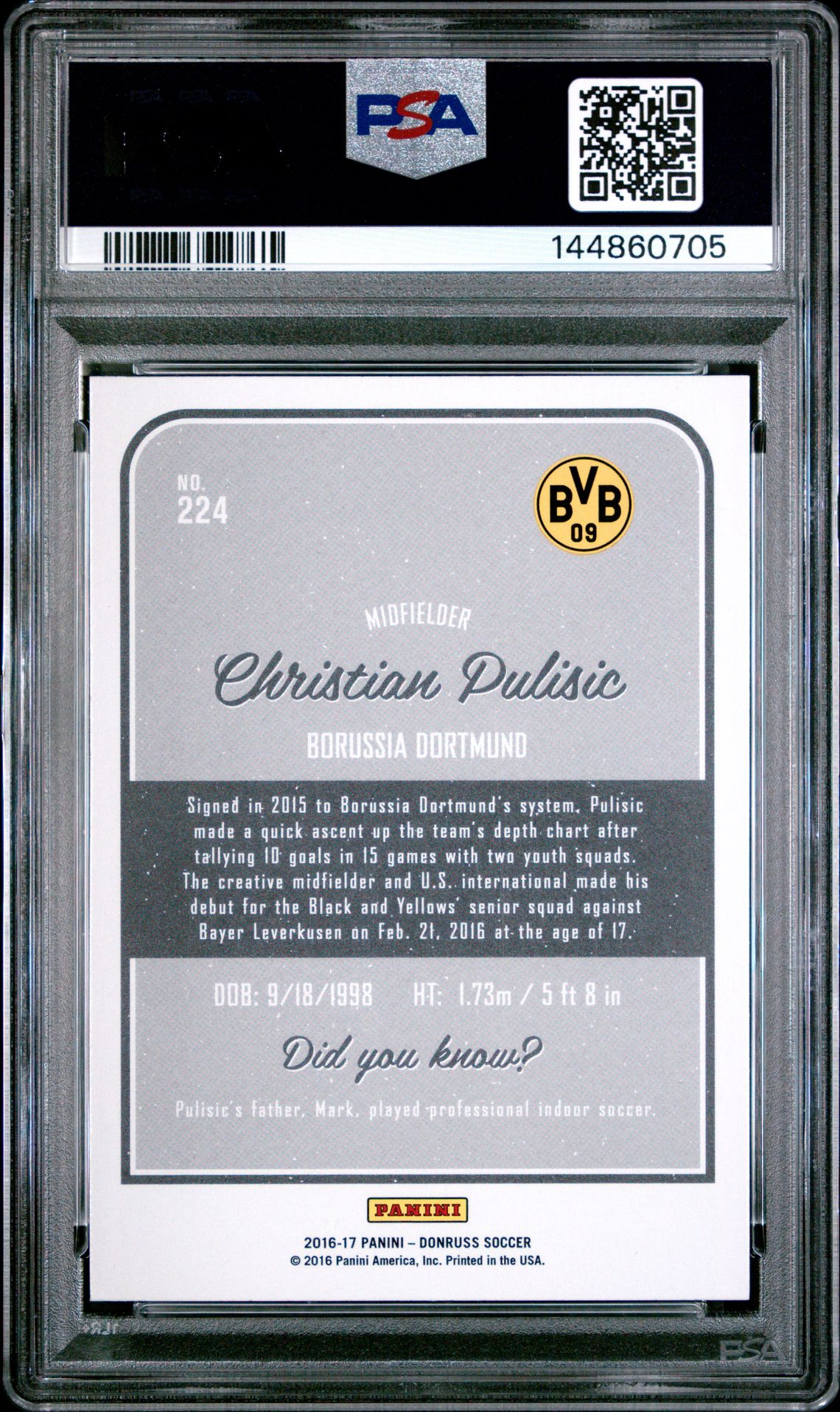 2016 Panini Donruss Christian Pulisic #224 (Gold) Mint 9 back
