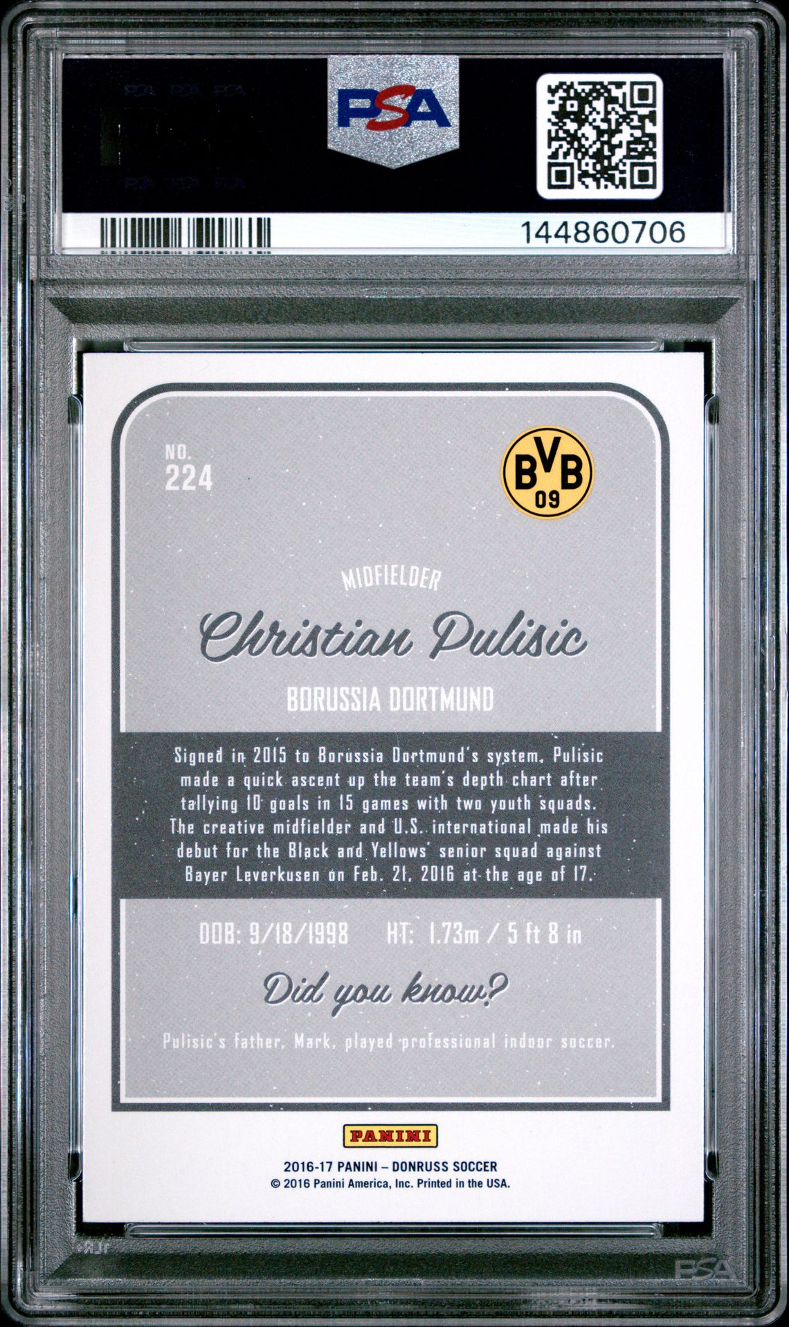 2016 Panini Donruss Christian Pulisic #224 (Gold) Mint 9 back