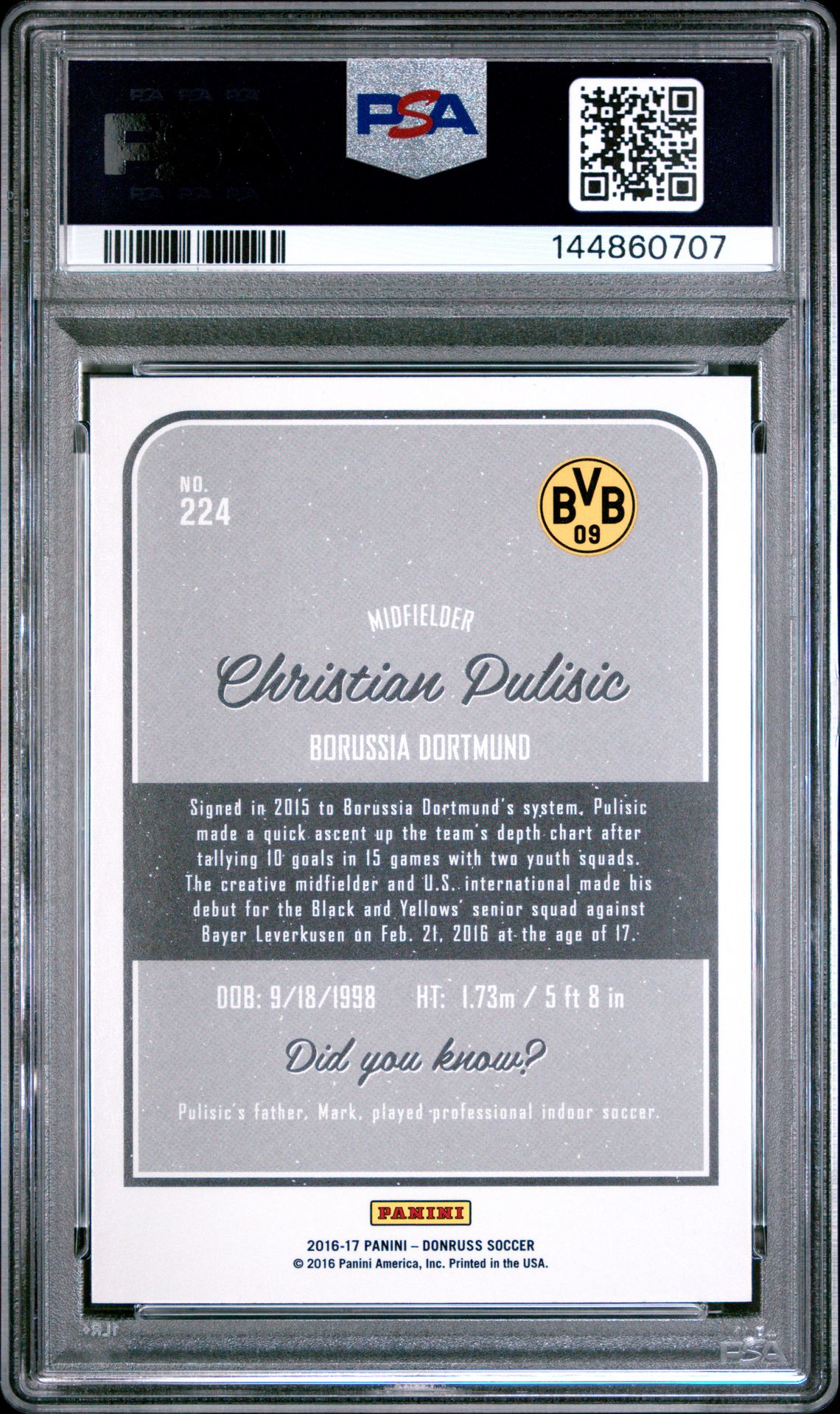2016 Panini Donruss Christian Pulisic #224 Gem Mt 10 back