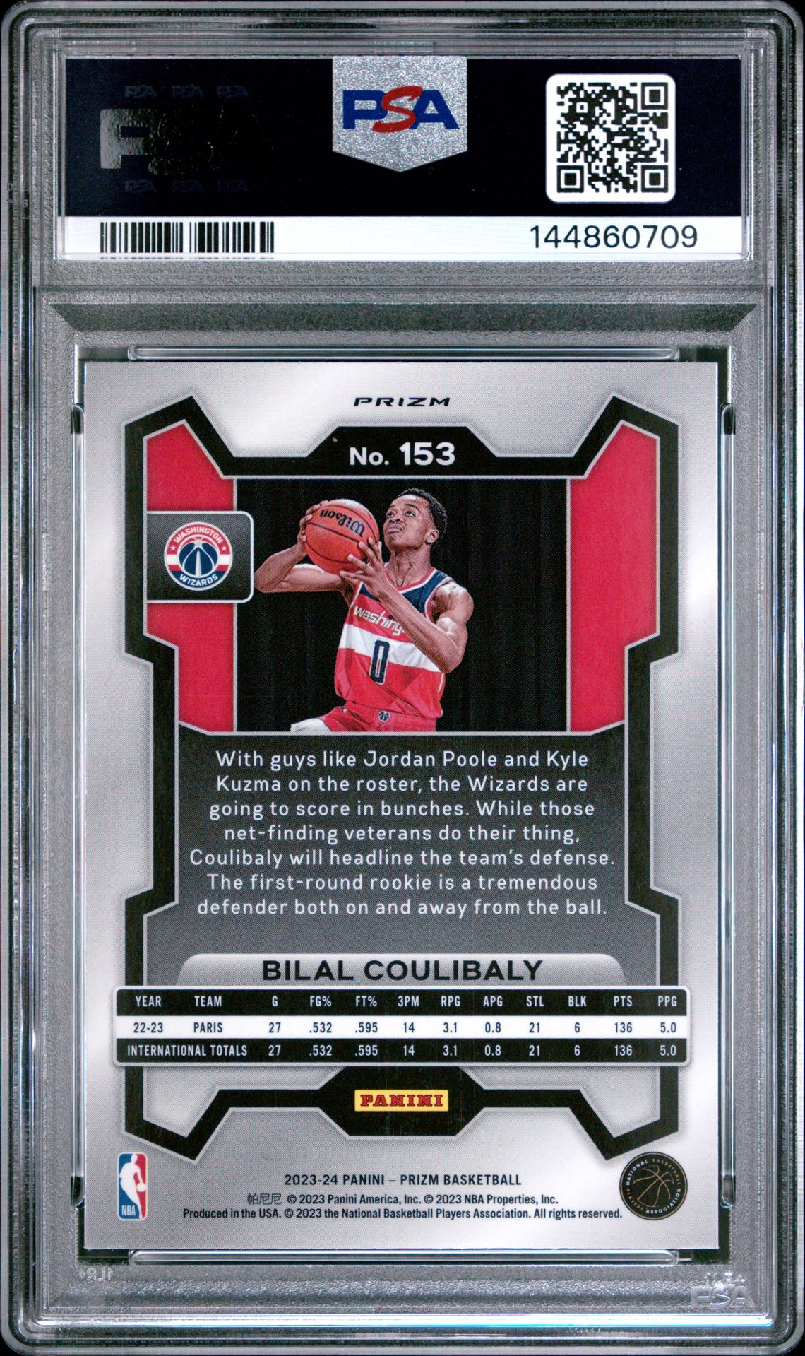 2023 Panini Prizm Bilal Coulibaly #153 (Silver Prizm) Gem Mt 10 back view - PSA certificate #144860709
