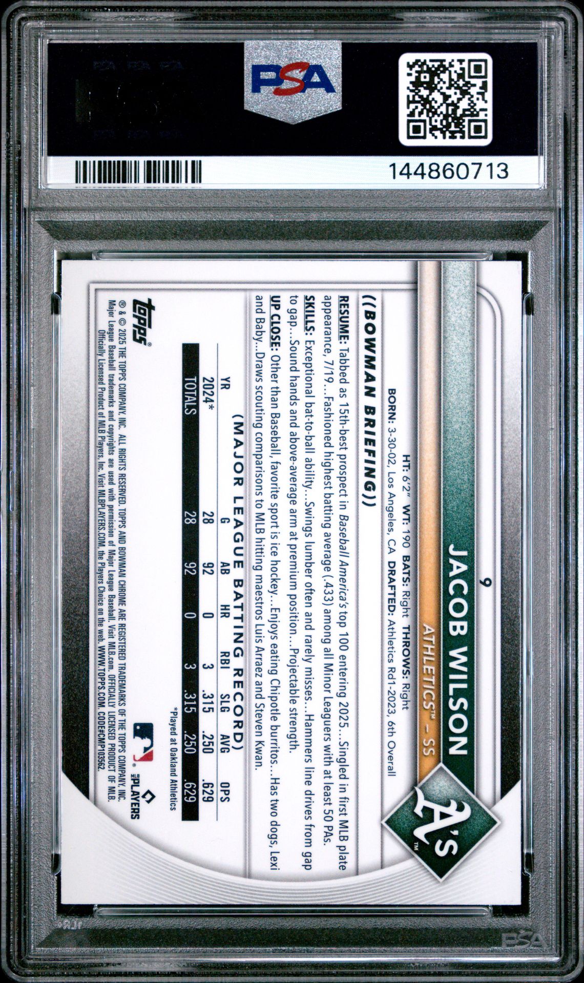 2025 Bowman Mega Box Chrome Jacob Wilson #9 Mint 9 back