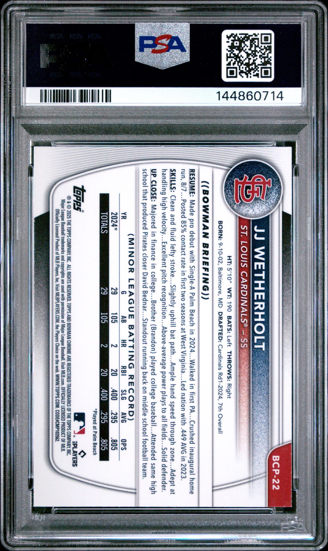 2025 Bowman Mega Box Chrome Prospects Jj Wetherholt #22 Gem Mt 10 back