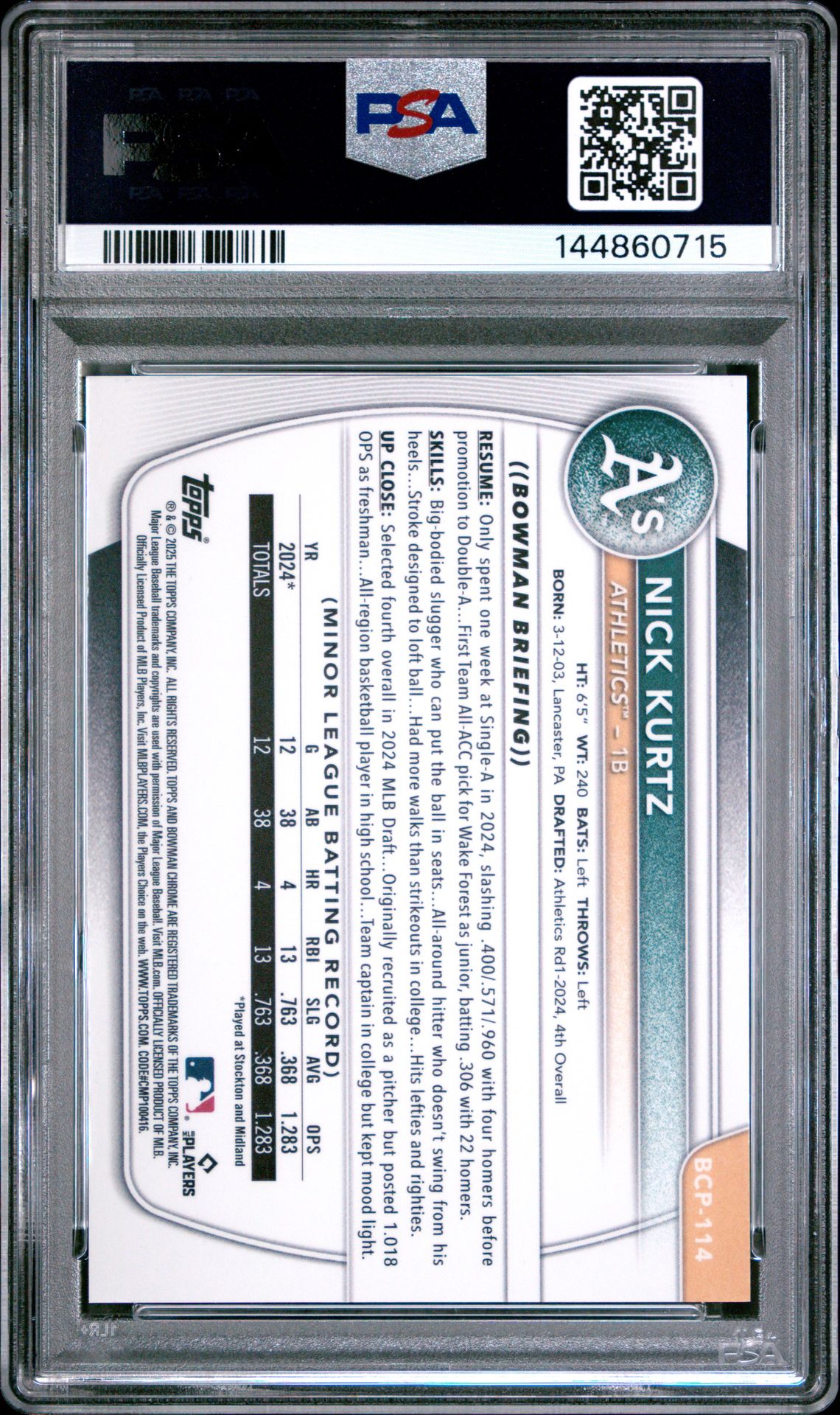 2025 Bowman Chrome Prospects Nick Kurtz #Bcp114 (Chrome Pros-Steel Metal) Mint 9 back
