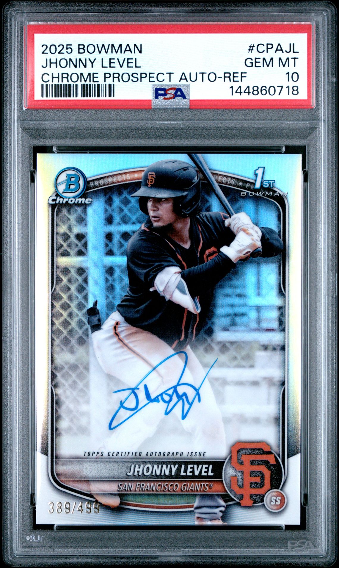 2025 Bowman Chrome Prospect Autographs Jhonny Level #Cpajl (Chrome Prospect Auto-Ref) Gem Mt 10 front