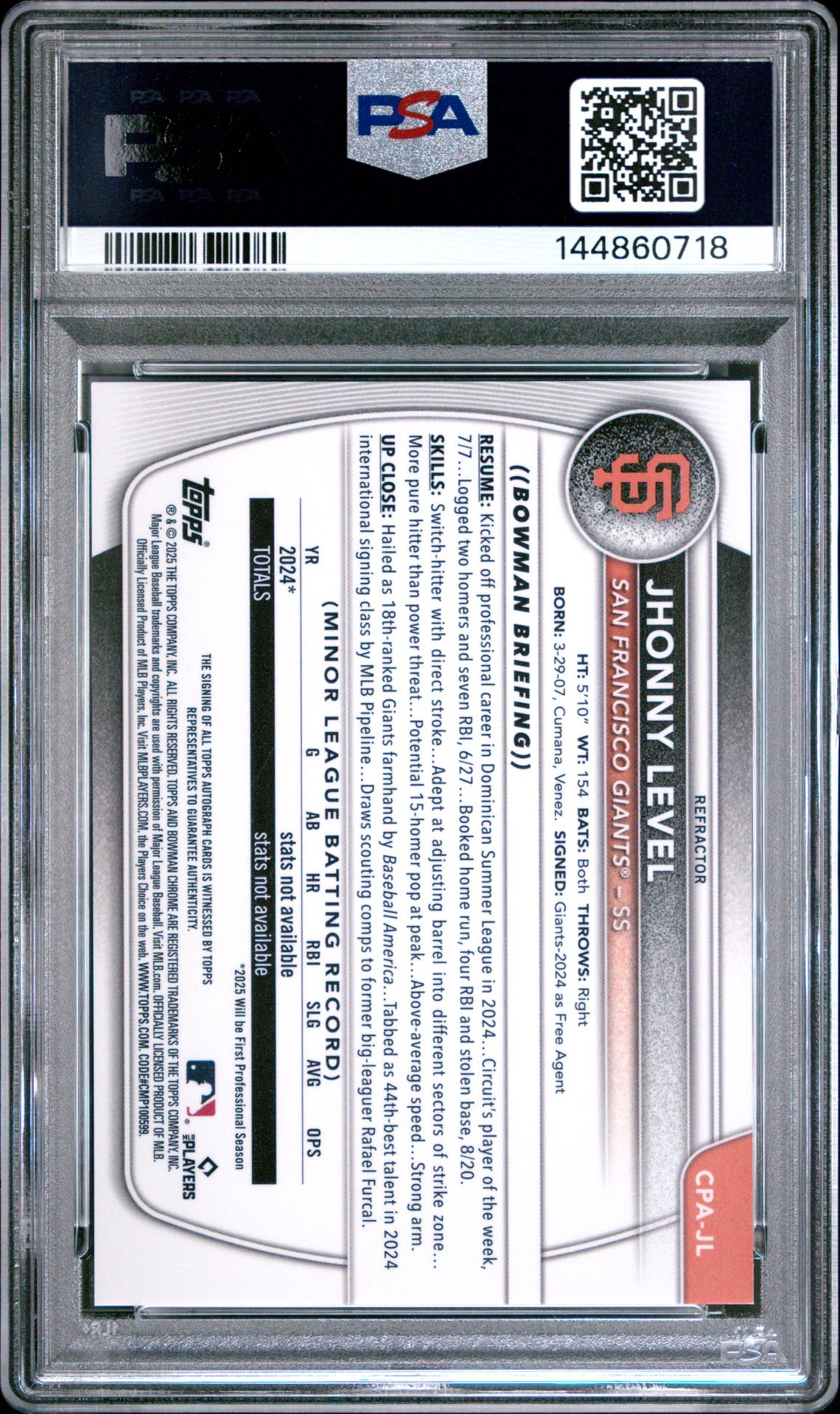 2025 Bowman Chrome Prospect Autographs Jhonny Level #Cpajl (Chrome Prospect Auto-Ref) Gem Mt 10 back