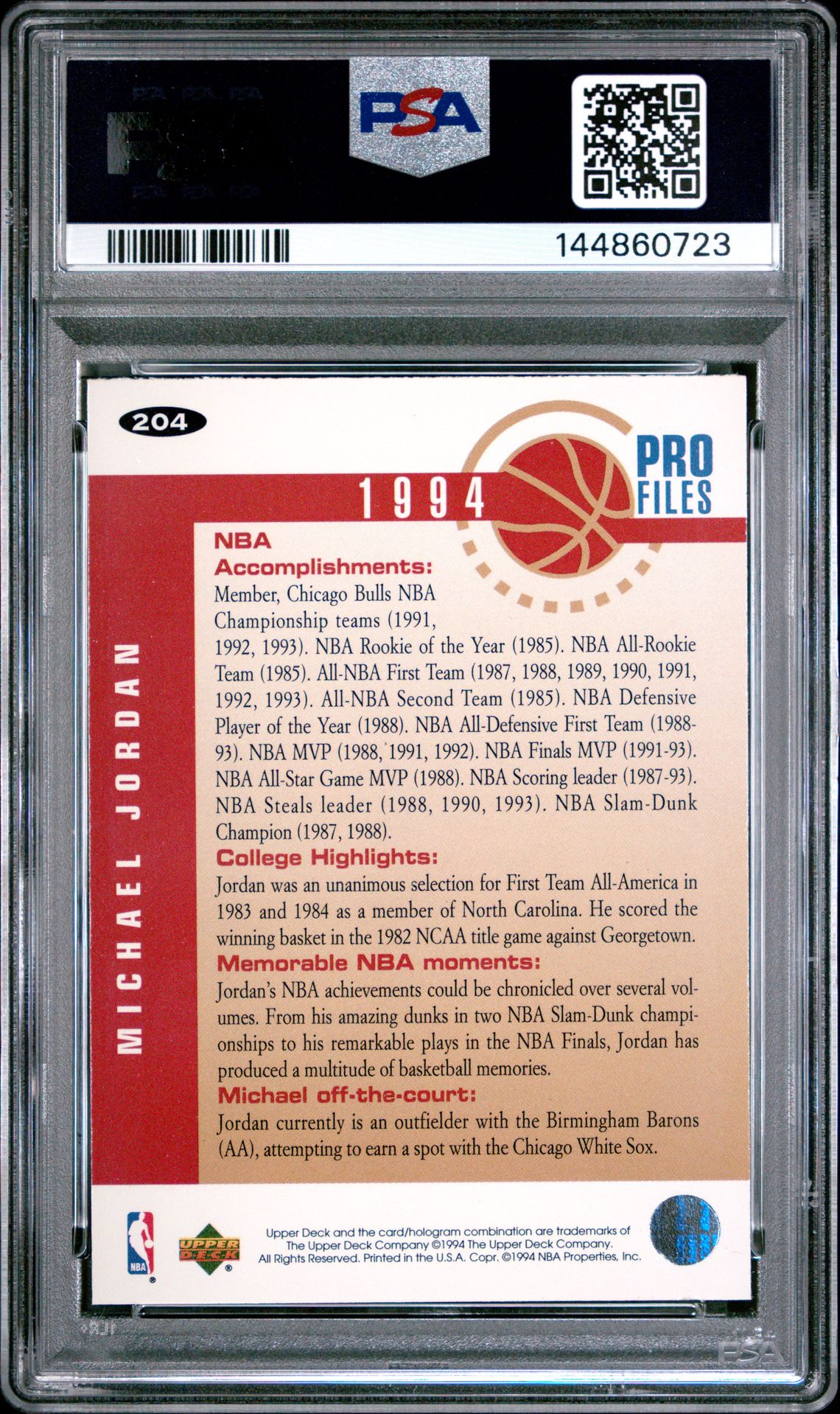 1994 Collector's Choice Michael Jordan #204 (Silver Signature) Nm-Mt 8 back