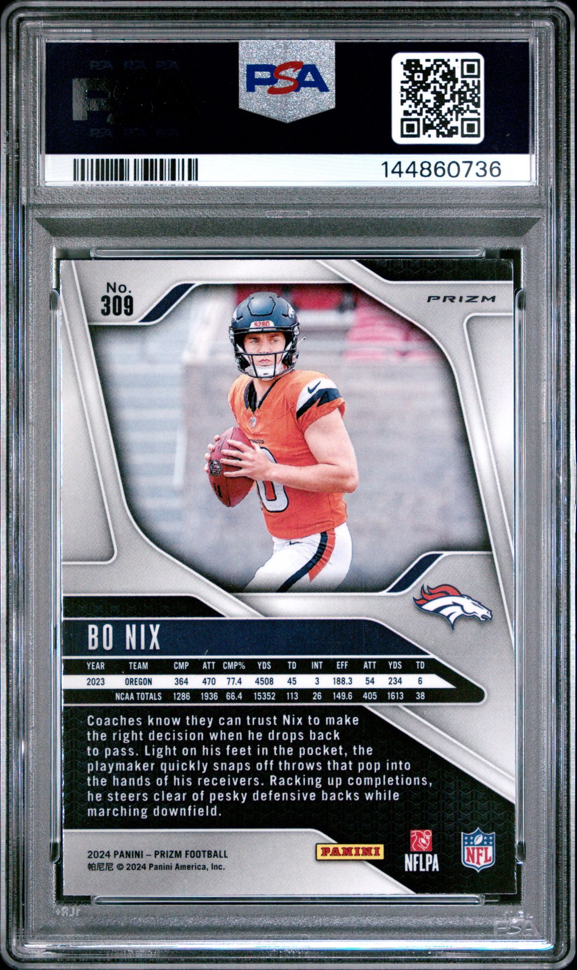 2024 Panini Prizm Bo Nix #309 (Disco Prizm) Mint 9 back