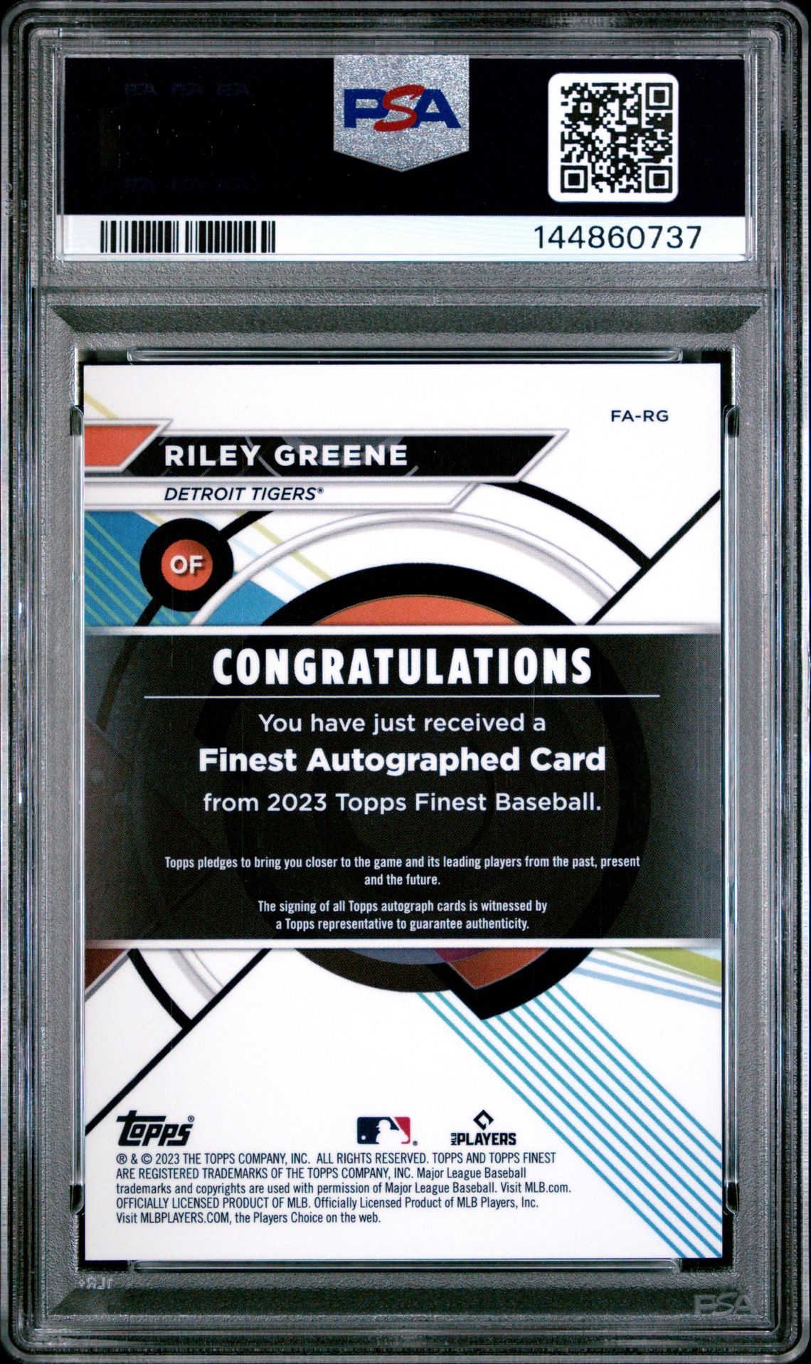 2023 Topps Finest Finest Autographs Riley Greene #Rg (Autograph-Green Wave) Gem Mt 10 back