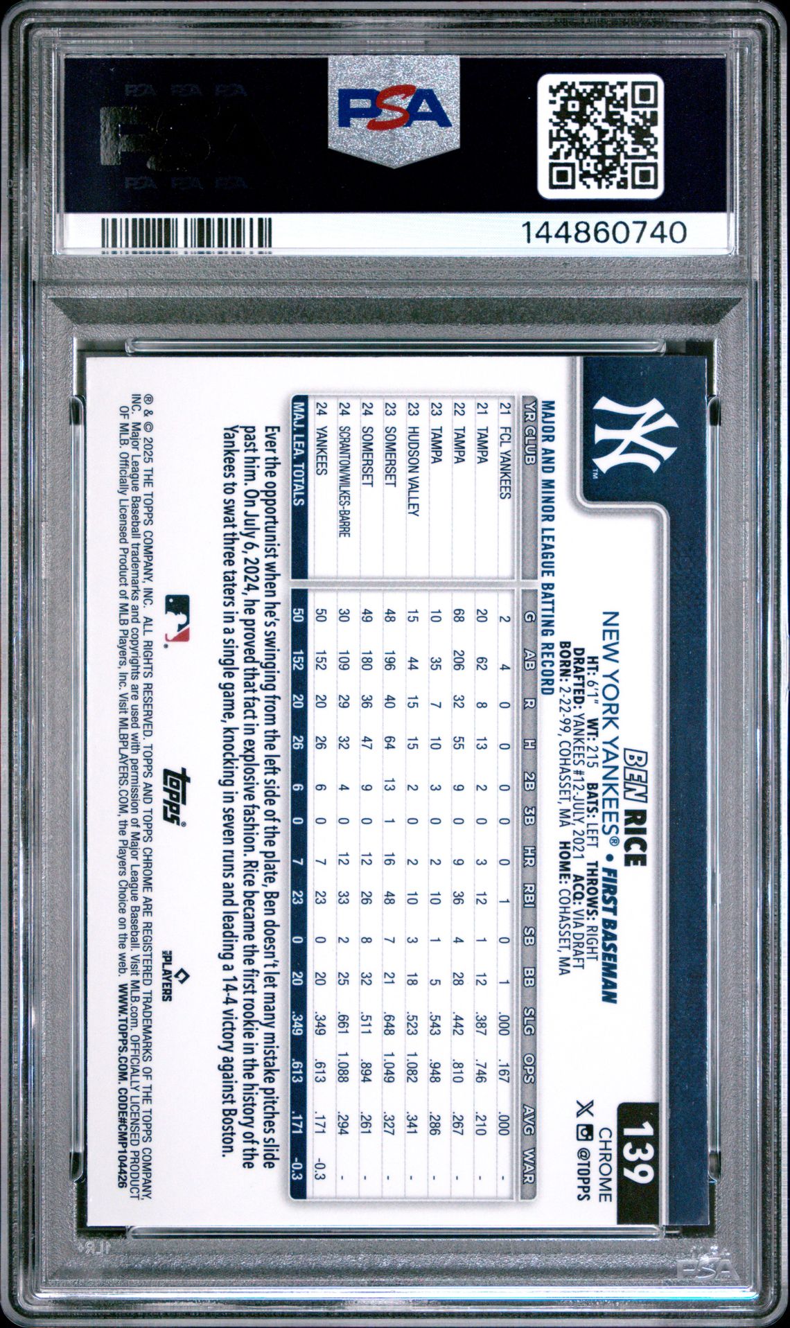 2025 Topps Chrome Ben Rice #139 (Geometric Refractor) Mint 9 back