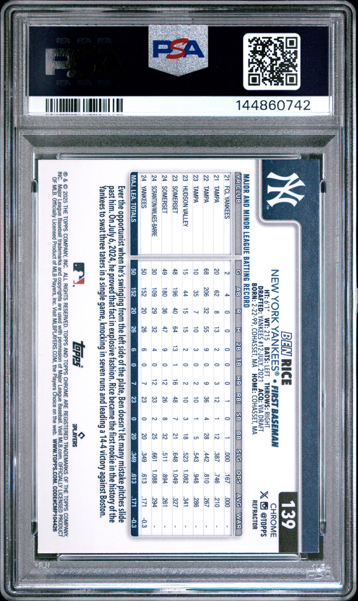 2025 Topps Chrome Ben Rice #139 (Refractor) Gem Mt 10 back