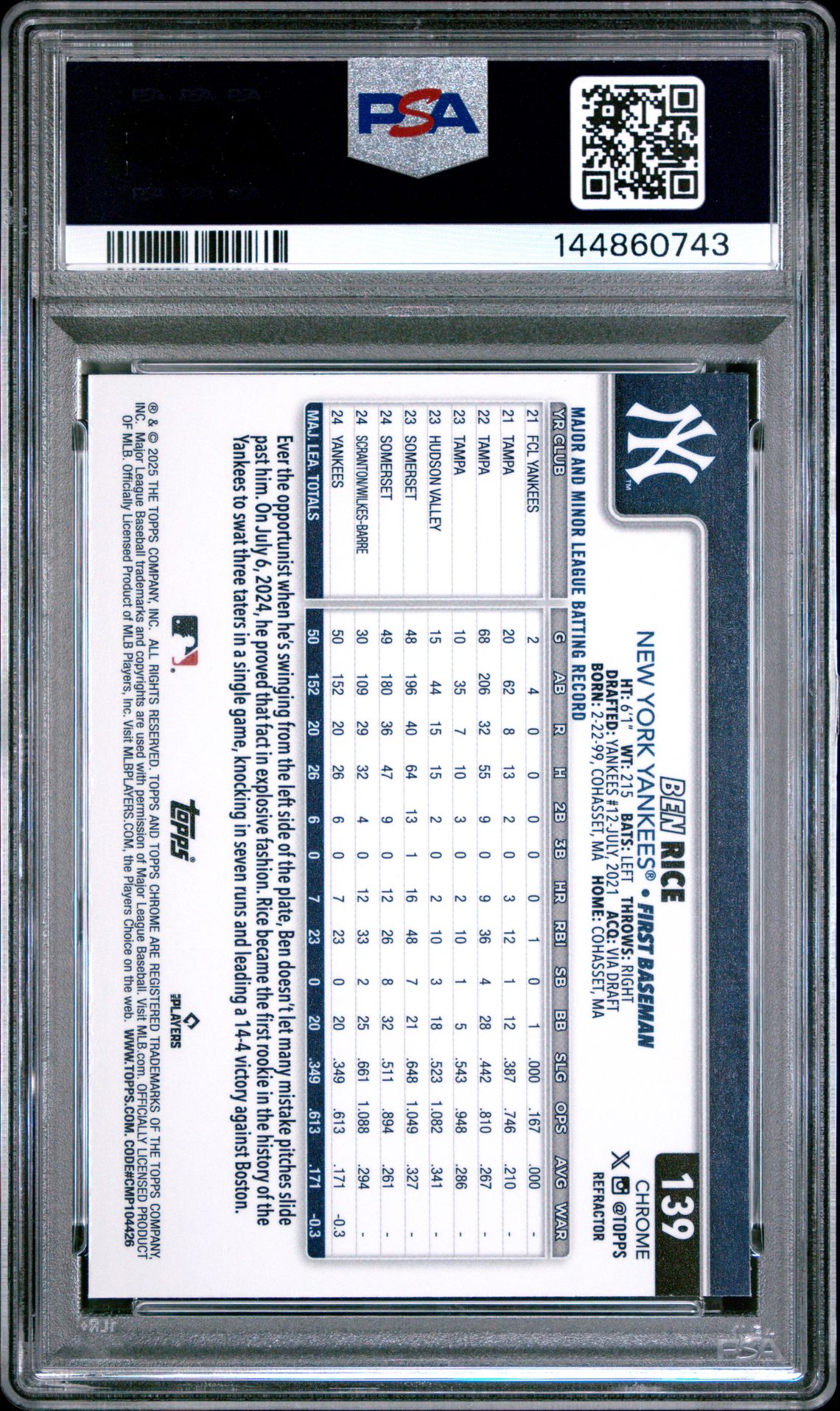 2025 Topps Chrome Ben Rice #139 (Refractor) Gem Mt 10 back