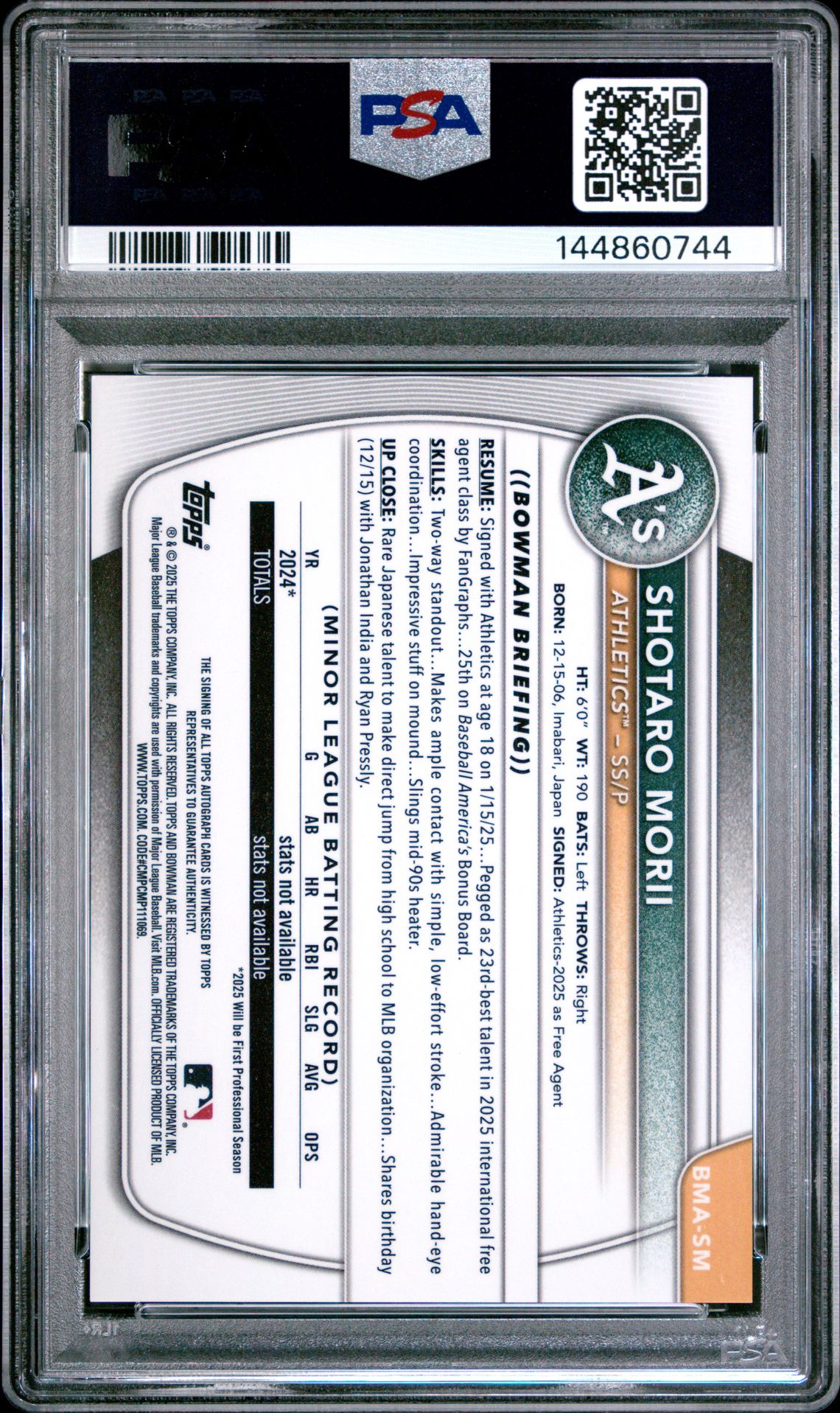 2025 Bowman Chrome Mega Box Chrome Prospects Autographs Shotaro Morii #Sm (Chrome Pros Auto-Purple Ref) Gem Mt 10 back