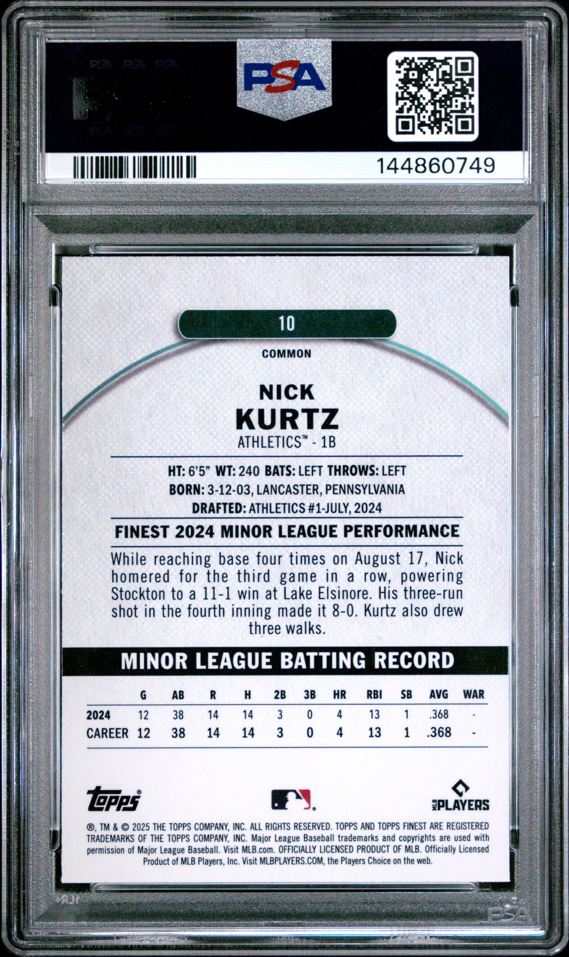 2025 Topps Finest Nick Kurtz #10 (Blue Refractor) Gem Mt 10 back