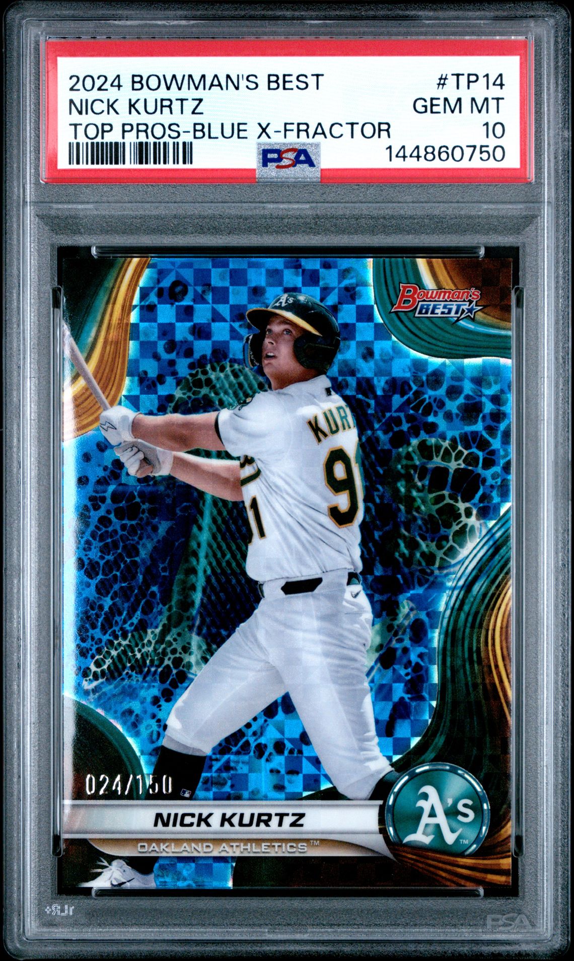 2024 Bowman's Best Top Prospects Nick Kurtz #Tp14 (Top Pros-Blue X-Fractor) Gem Mt 10 front