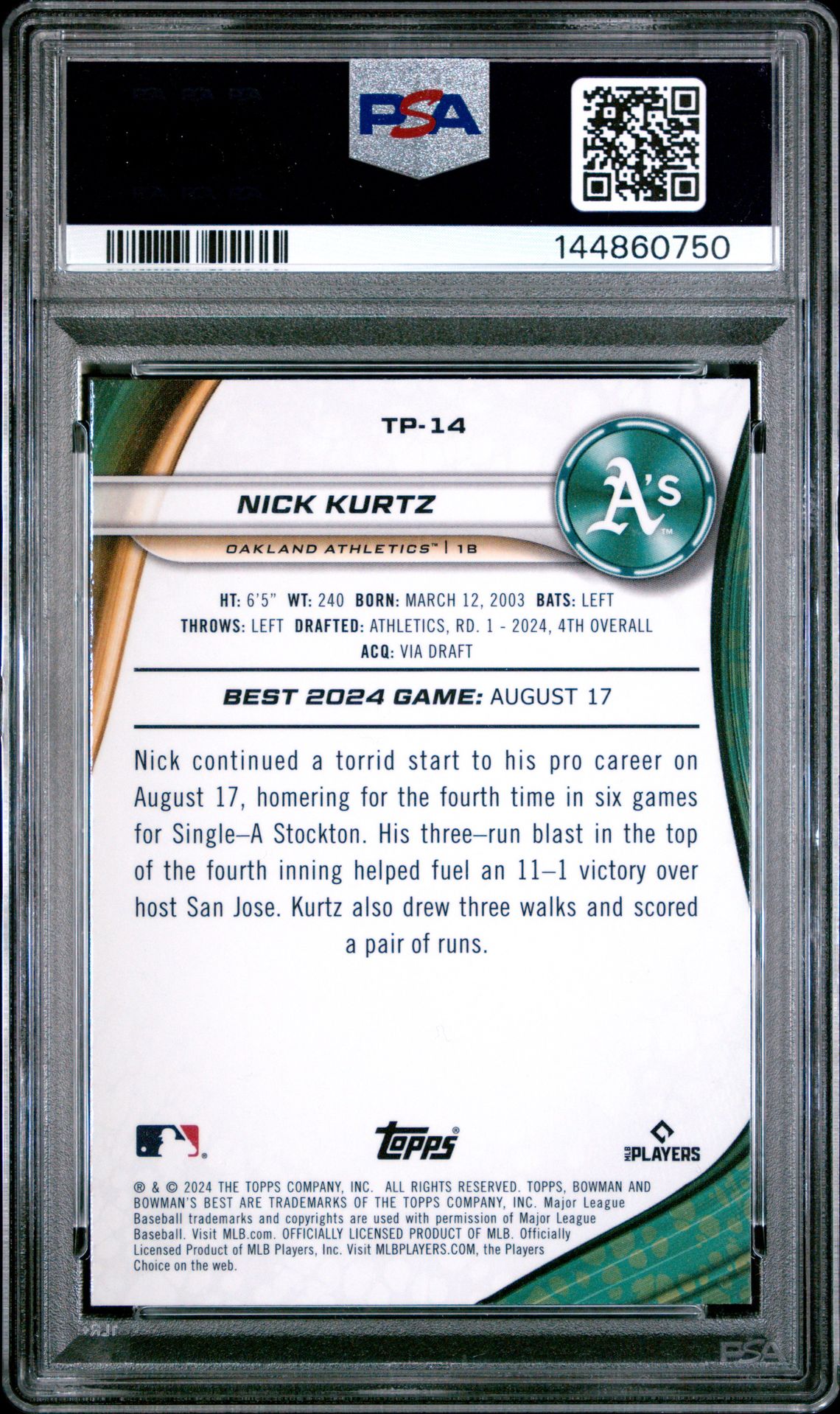 2024 Bowman's Best Top Prospects Nick Kurtz #Tp14 (Top Pros-Blue X-Fractor) Gem Mt 10 back