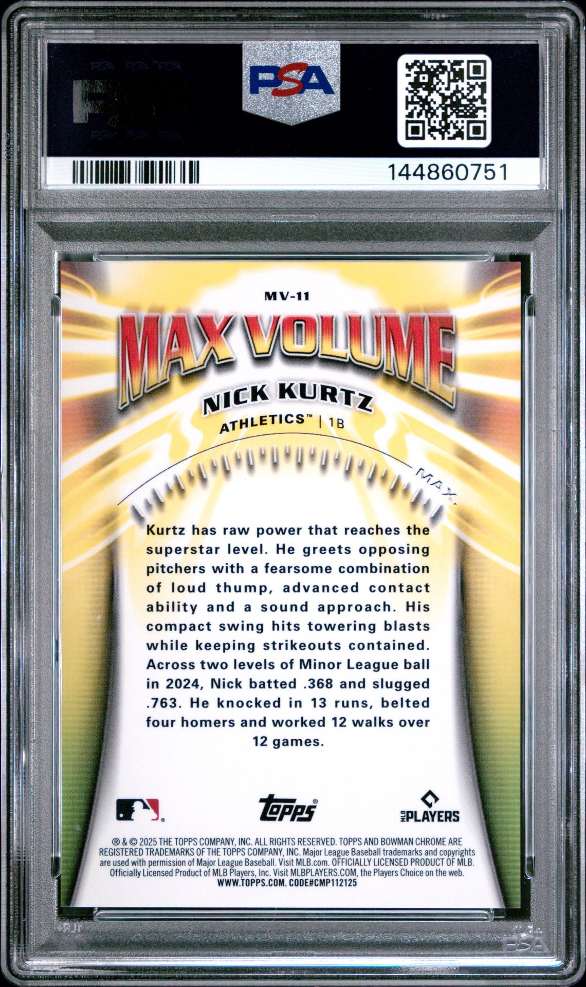 2025 Bowman Chrome Max Volume Nick Kurtz #Mv-11 (Max Volume-Mini Diamond) Gem Mt 10 back