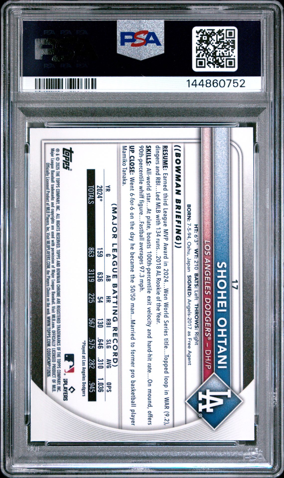 2025 Bowman Chrome Shohei Ohtani #17 (Pulsar Refractor) Gem Mt 10 back