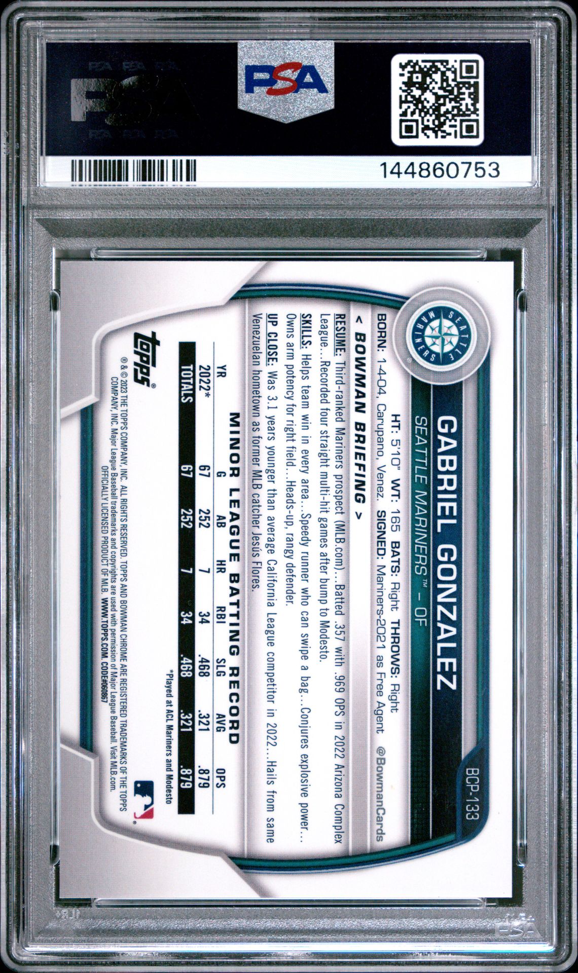 2023 Bowman Mega Box Chrome Gabriel Gonzalez #133 (Chrome-Pink Refractor) Mint 9 back