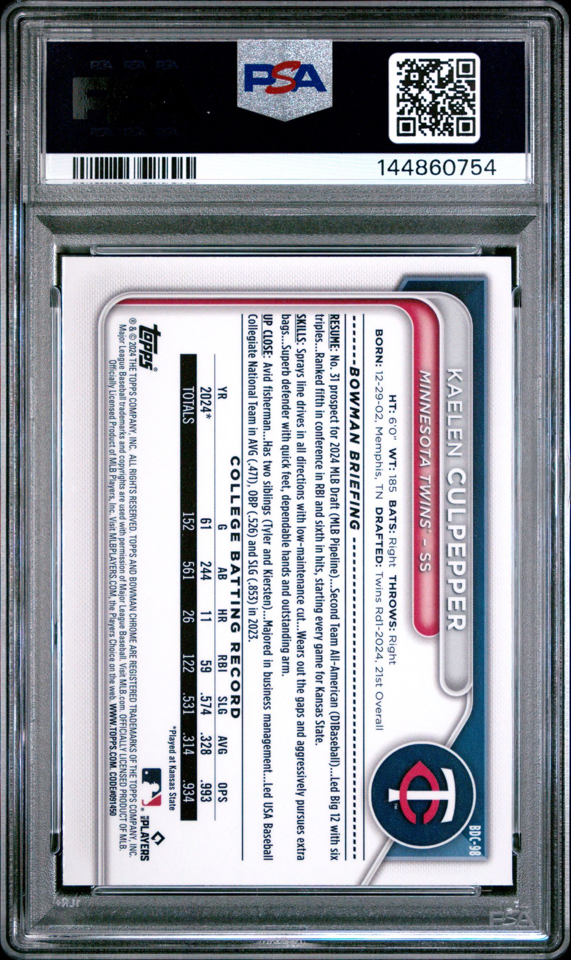 2024 Bowman Draft Kaelen Culpepper #Bdc98 (Chrome-Green Refractor) Gem Mt 10 back