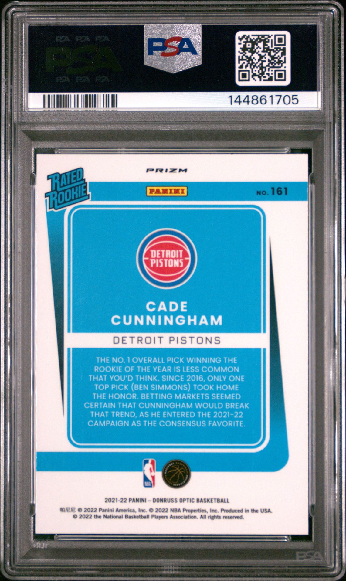 2021 Panini Donruss Optic Cade Cunningham #161 (Holo) Gem Mt 10 back view - PSA certificate #144861705