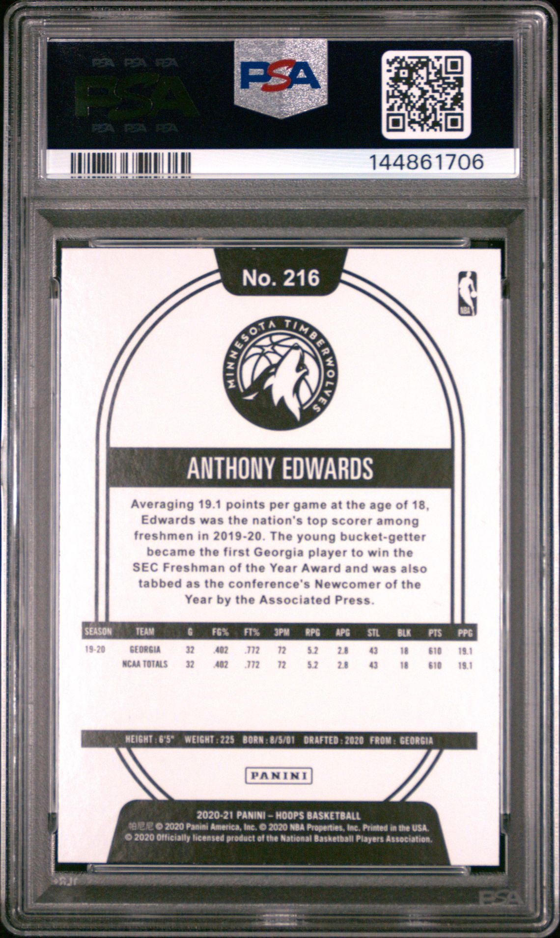 2020 Panini Hoops Anthony Edwards #216 Mint 9 back