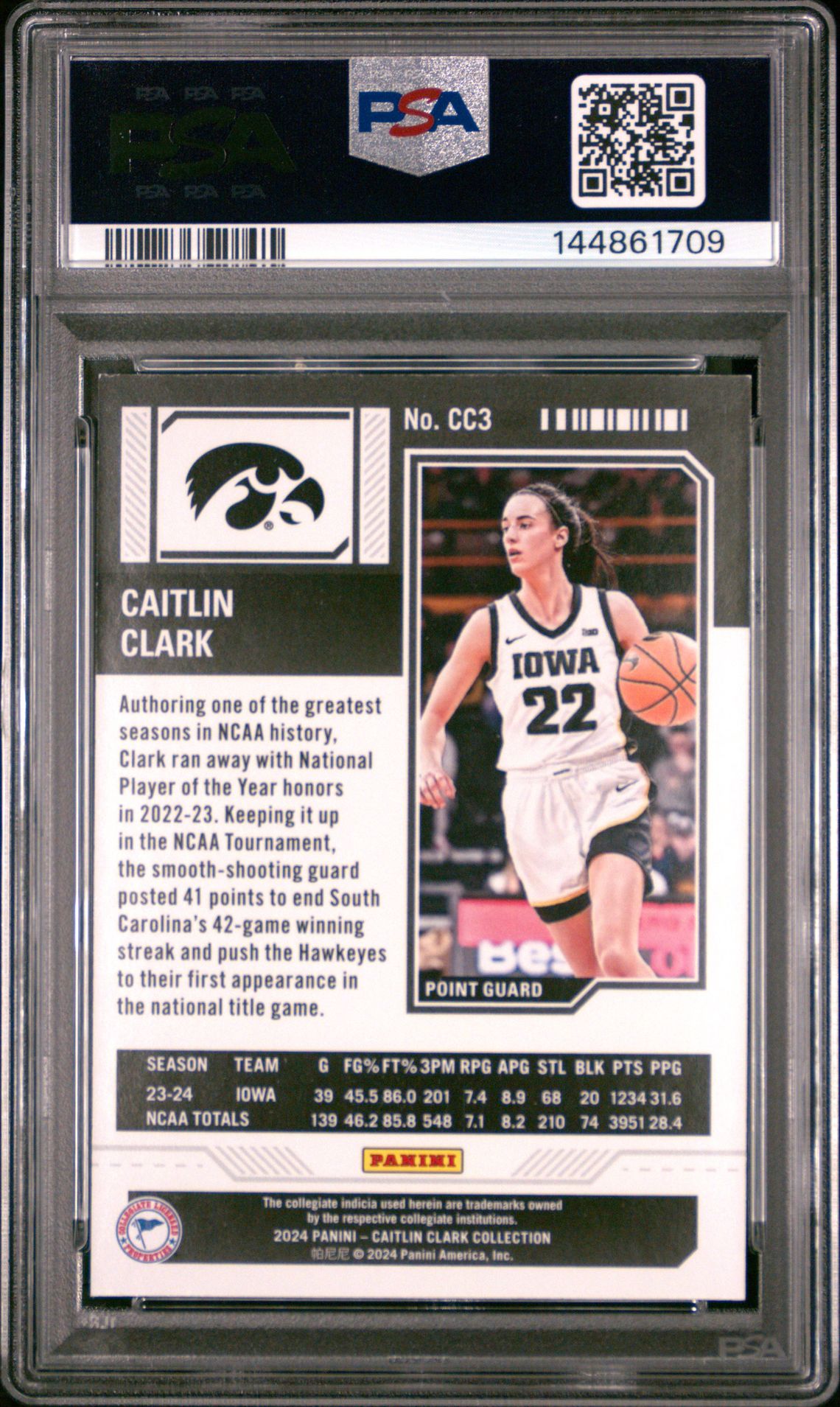 2024 Panini Caitlin Clark Collection College Contenders Caitlin Clark #Cc3 Nm-Mt 8 back