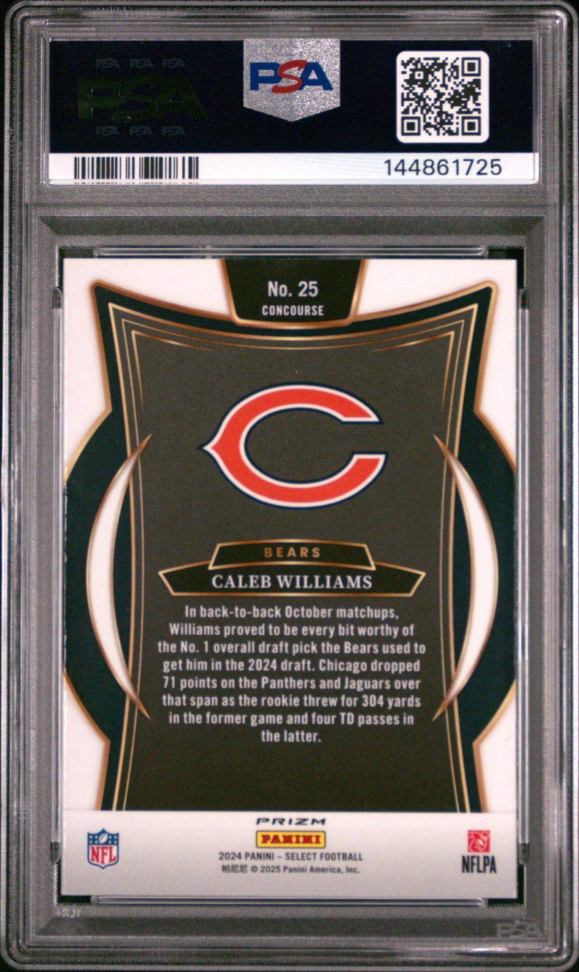 2024 Panini Select Caleb Williams #25 (Black & Green Shock) Gem Mt 10 back view - PSA certificate #144861725