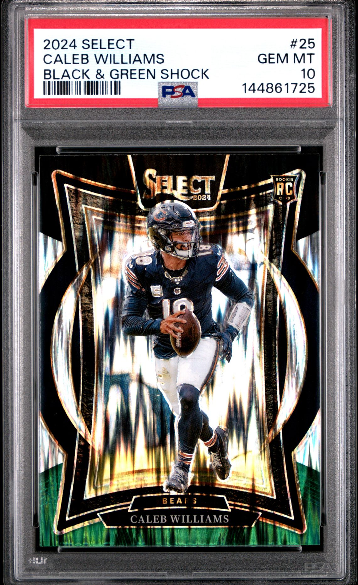 2024 Panini Select Caleb Williams #25 (Black & Green Shock) Gem Mt 10 front view - PSA graded GEM MT 10