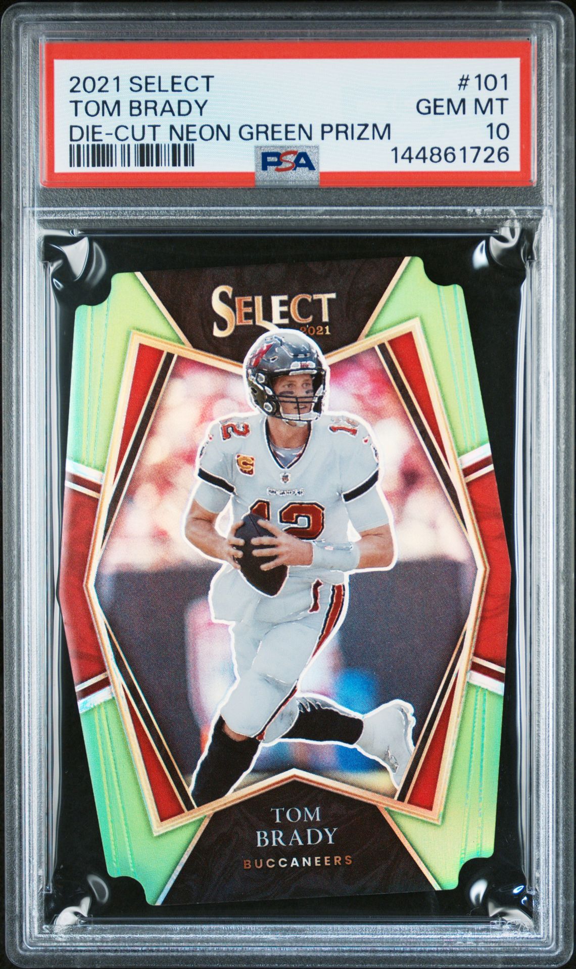 2021 Panini Select Tom Brady #101 (Die-Cut Neon Green Prizm) Gem Mt 10 front view - PSA graded GEM MT 10