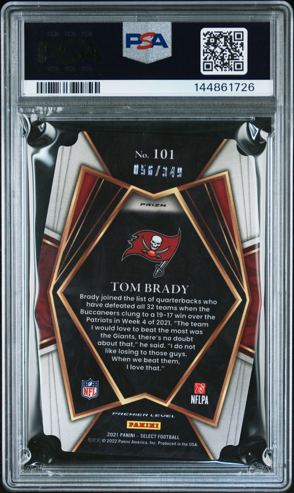 2021 Panini Select Tom Brady #101 (Die-Cut Neon Green Prizm) Gem Mt 10 back view - PSA certificate #144861726